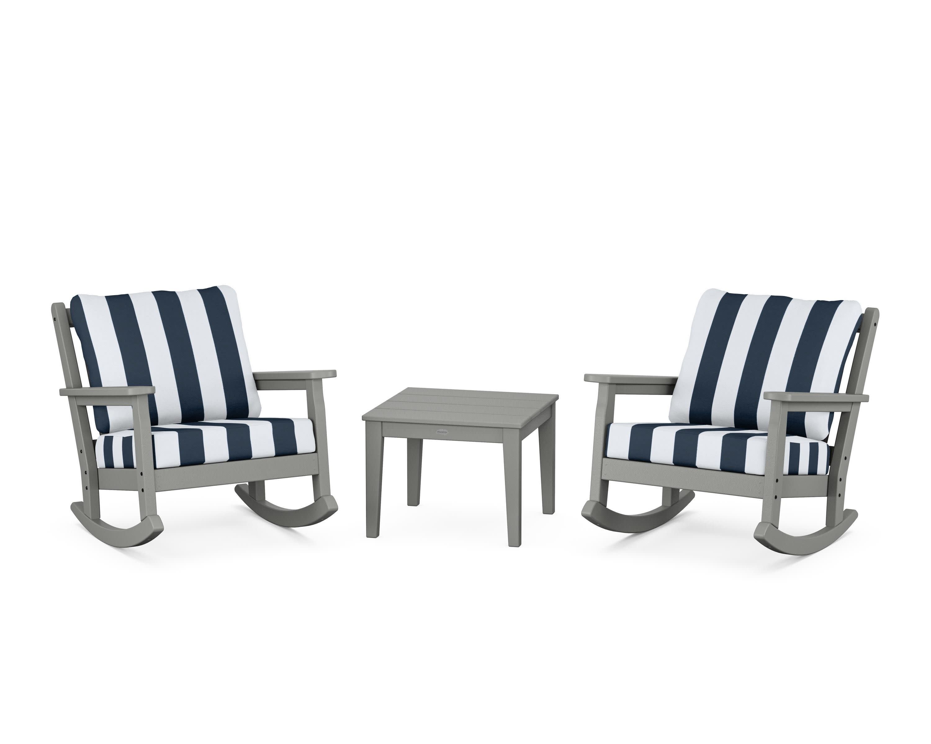 Chippendale 3-Piece Deep Seating Rocker Set in Slate Grey / Cabana Stripe Marine Indigo