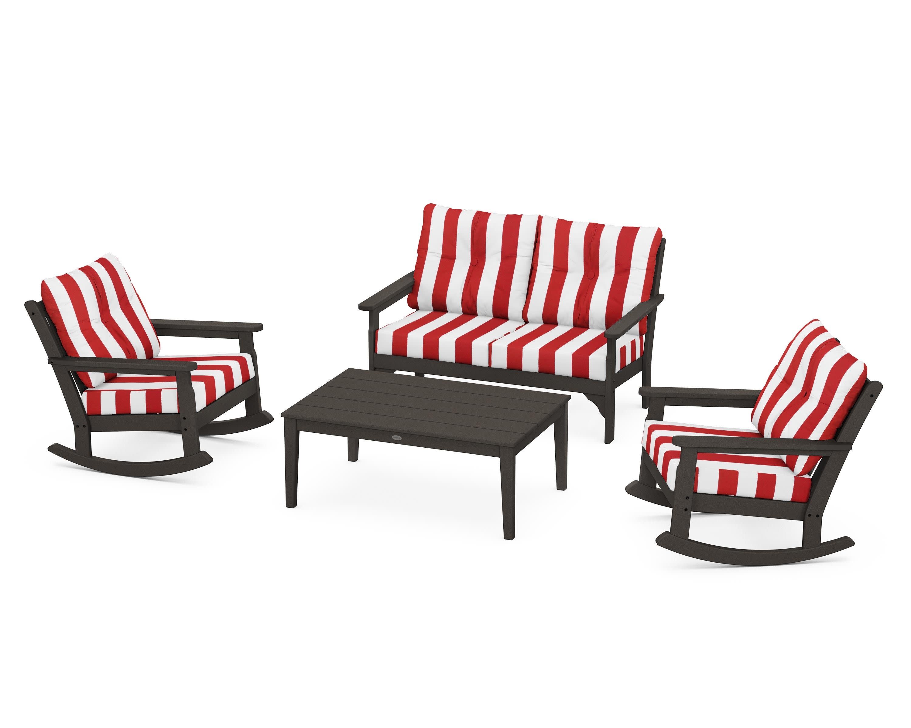 Vineyard 4-Piece Deep Seating Rocking Chair Set in Vintage Coffee / Cabana Stripe Crimson