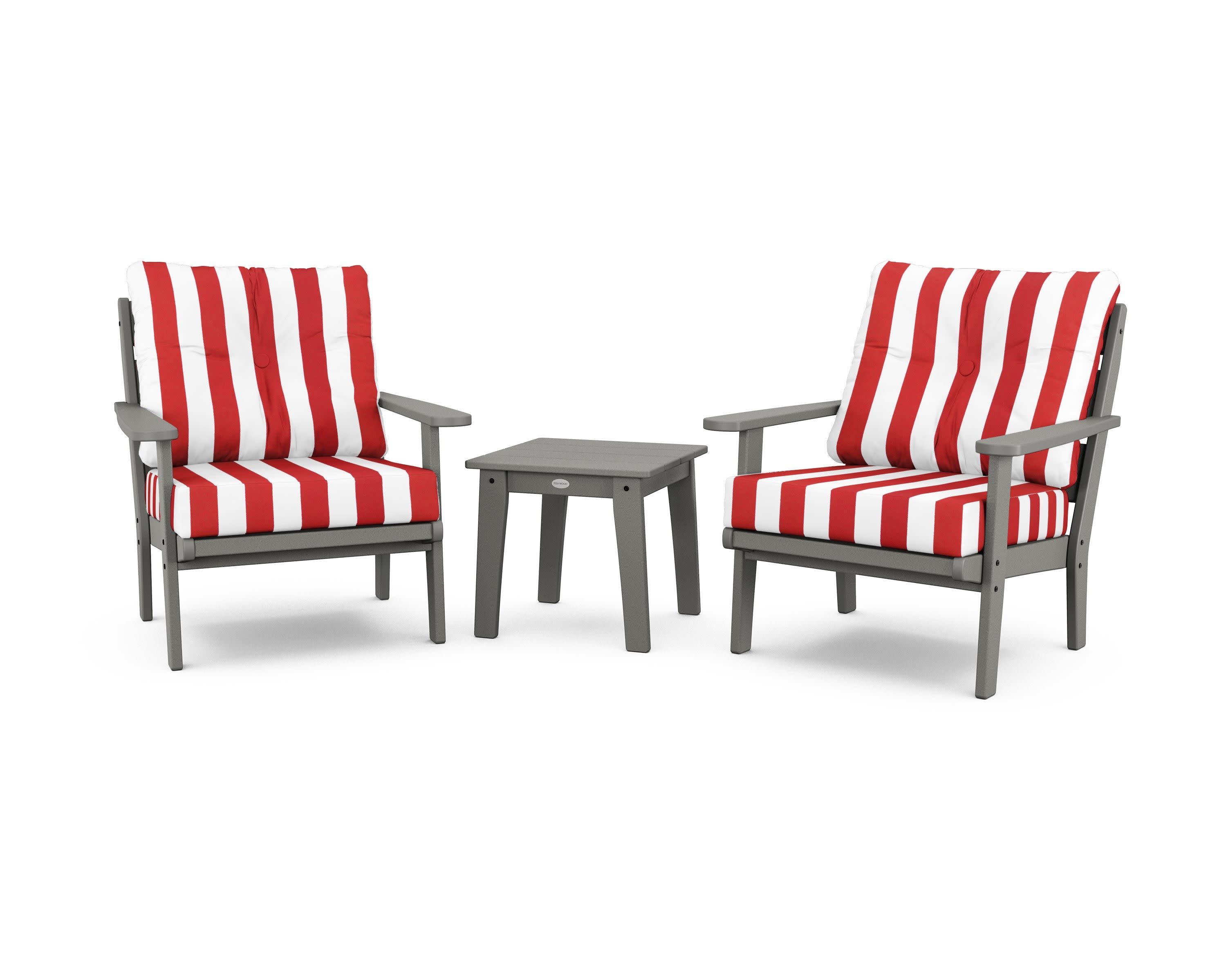 Lakeside 3-Piece Deep Seating Chair Set in Slate Grey / Cabana Stripe Crimson