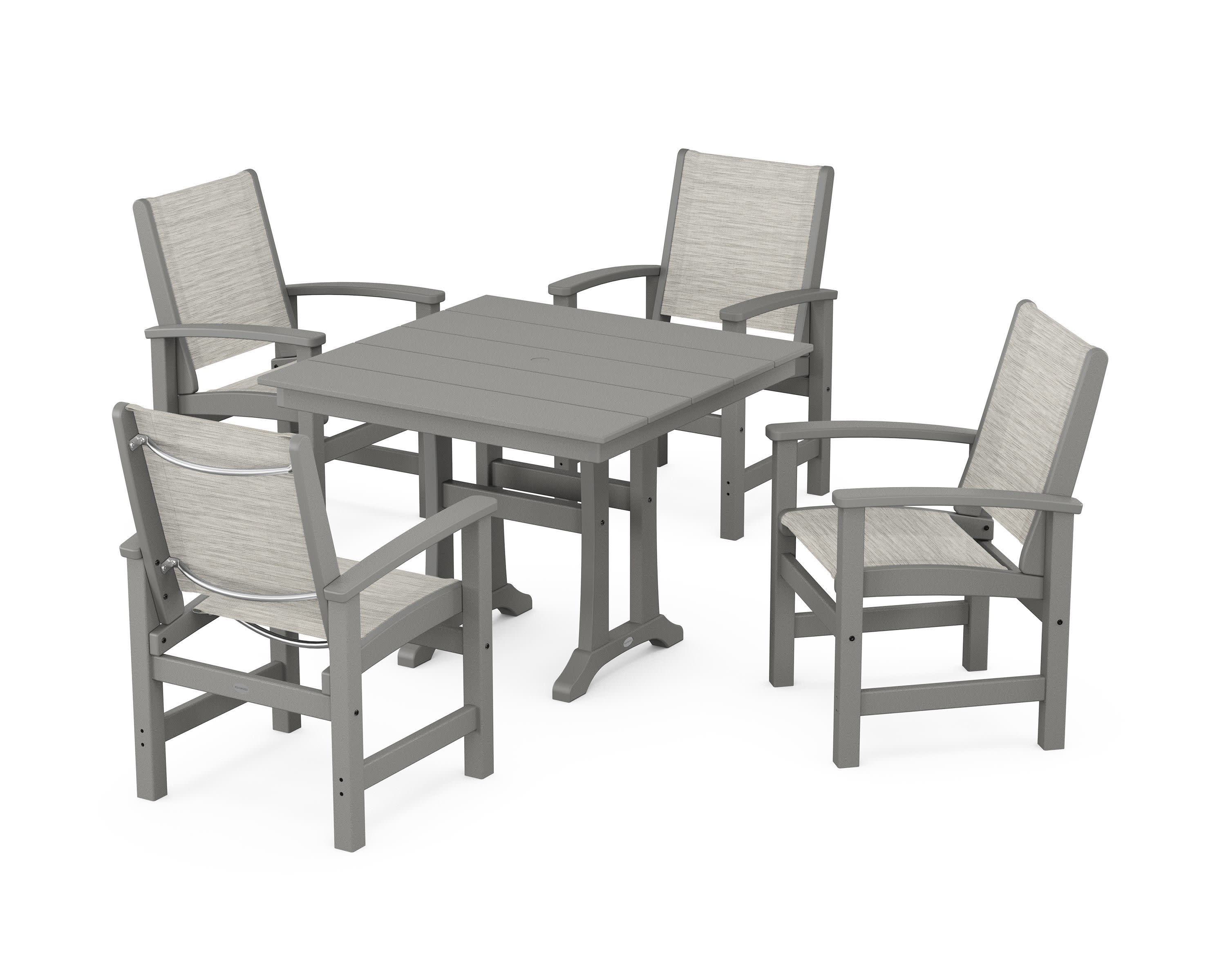 Coastal 5-Piece Farmhouse Dining Set With Trestle Legs in Slate Grey / Birch Sling