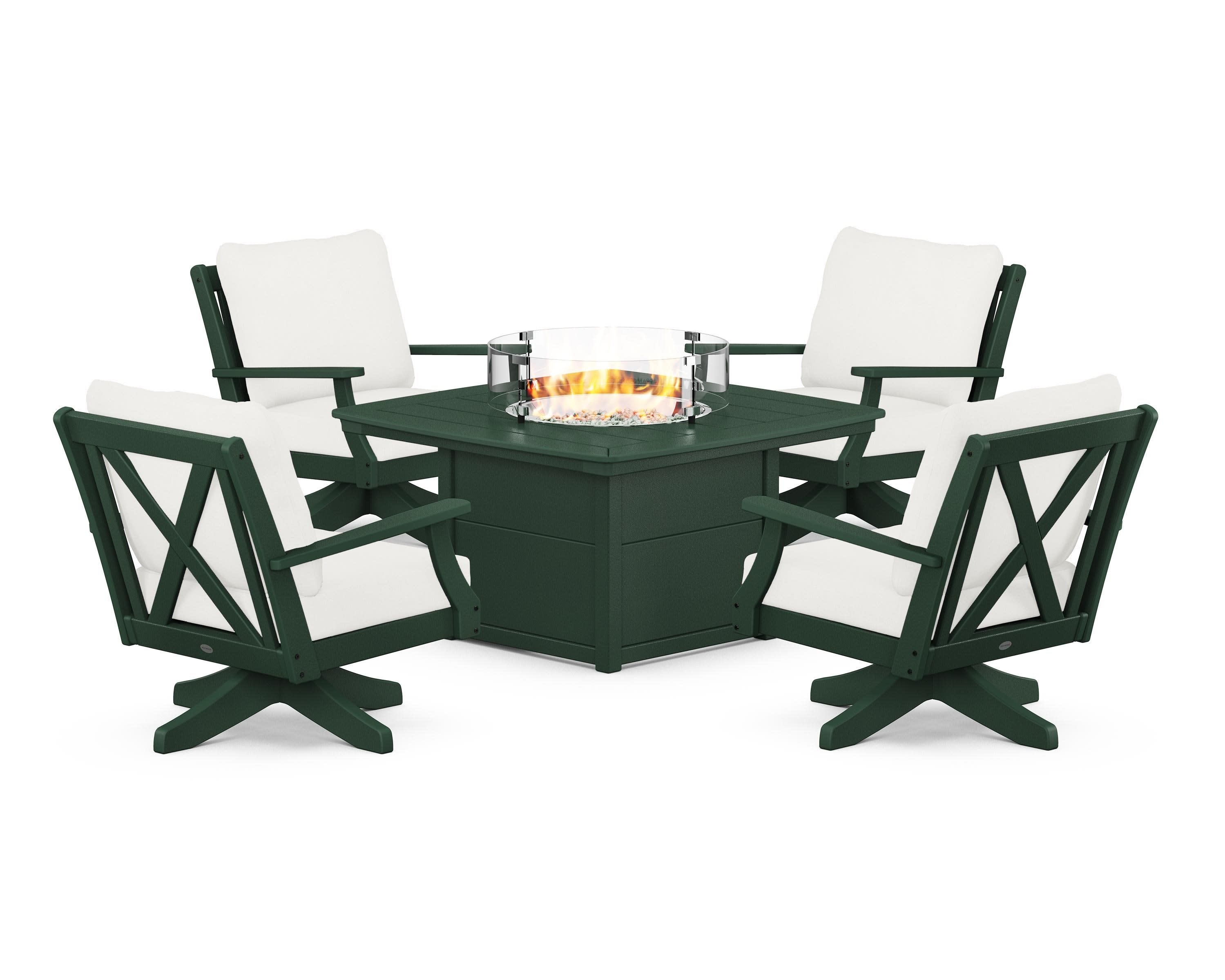 Braxton 5-Piece Deep Seating Swivel Conversation Set with Fire Pit Table in Green / Natural Linen