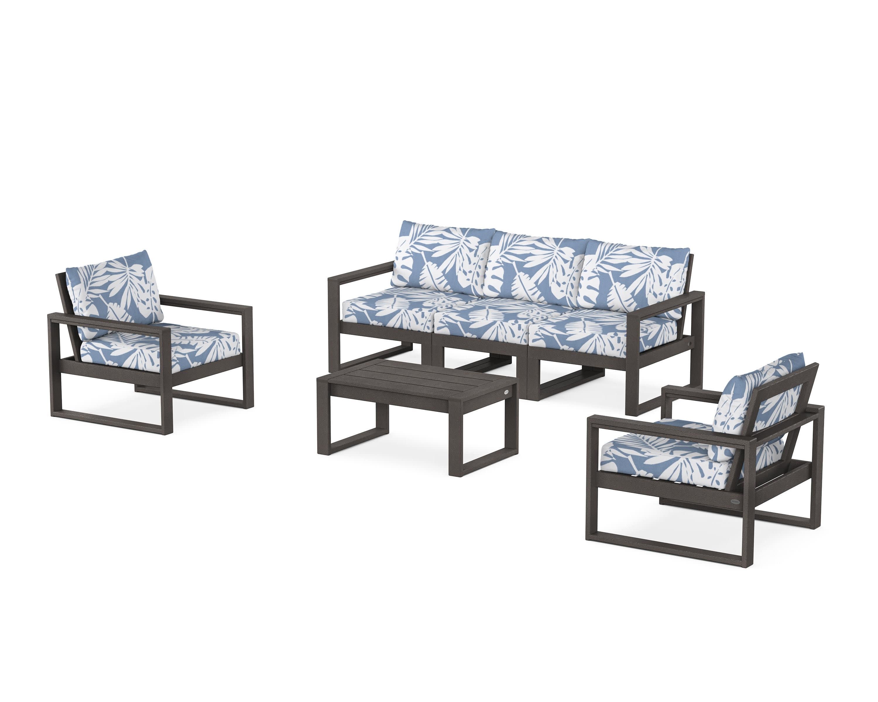 EDGE Sectional 4-Piece Deep Seating Set with Sofa in Vintage Coffee / Leaf Sky Blue