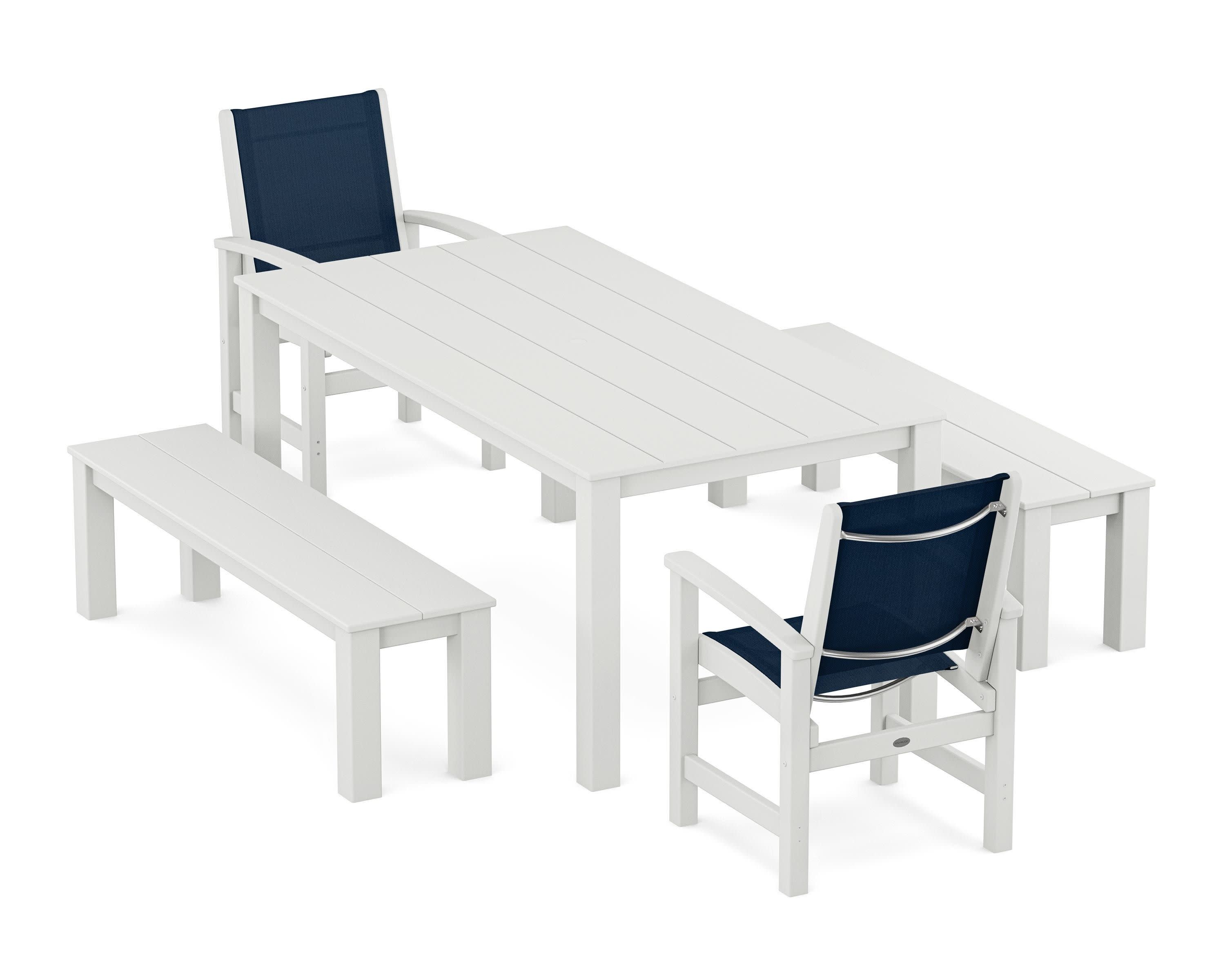 Coastal 5-Piece Parsons Dining Set with Benches in White / Navy Blue Sling
