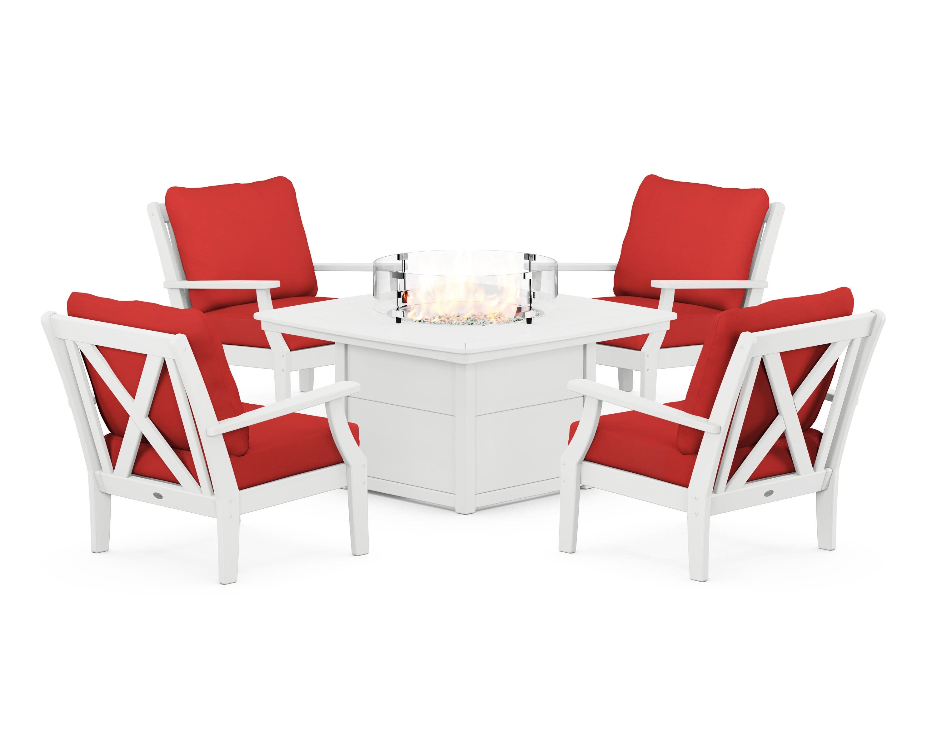 Braxton 5-Piece Deep Seating Conversation Set with Fire Pit Table in White / Crimson Linen