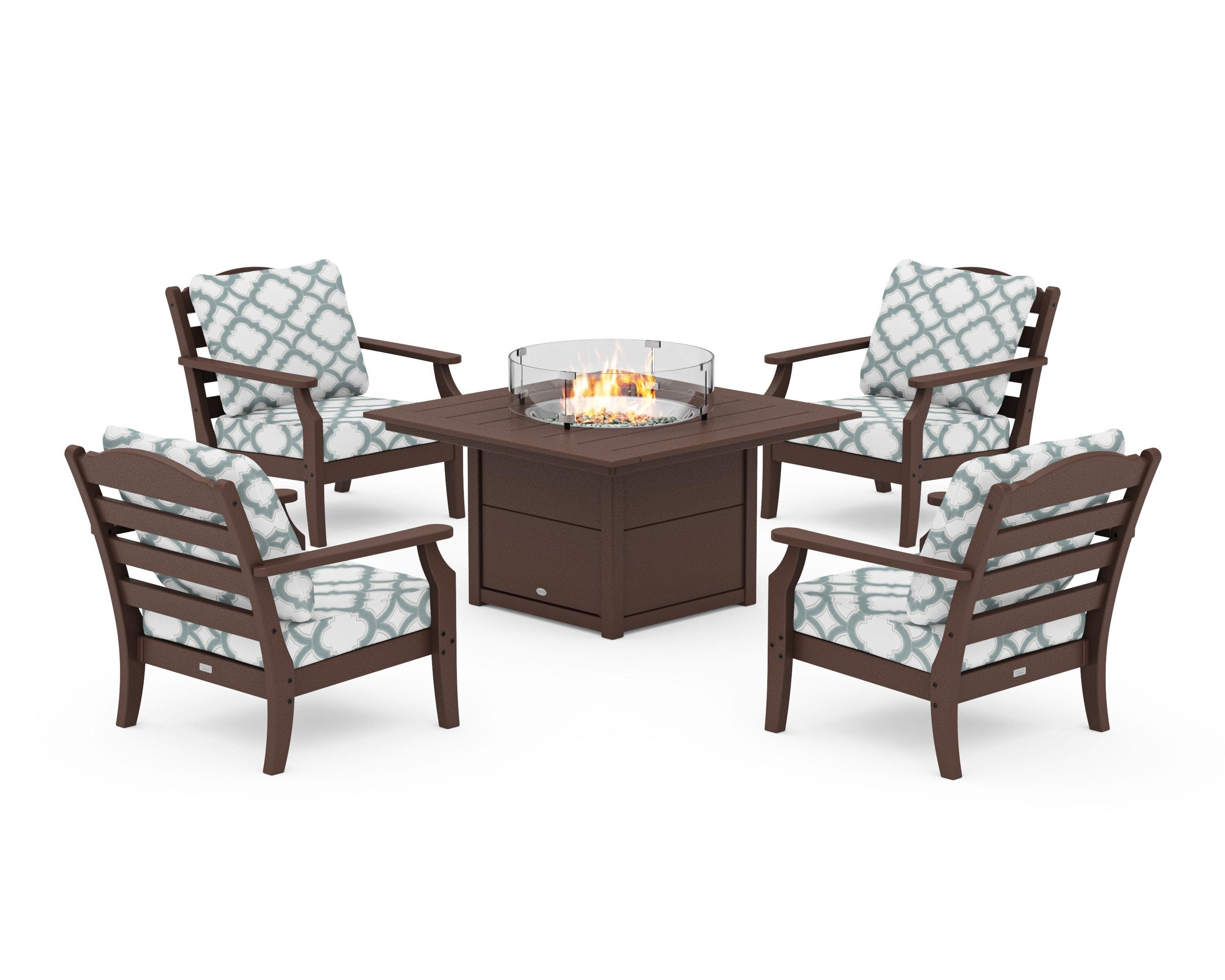 Savannah 5-Piece Deep Seating Set with Fire Pit Table in Mahogany / Trellis Glacier Spa