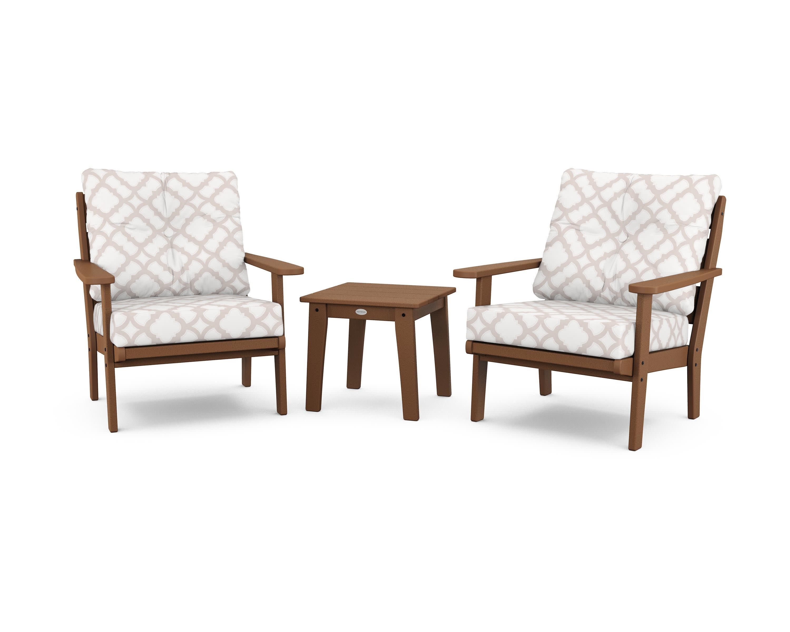 Lakeside 3-Piece Deep Seating Chair Set in Teak / Trellis Dune Burlap