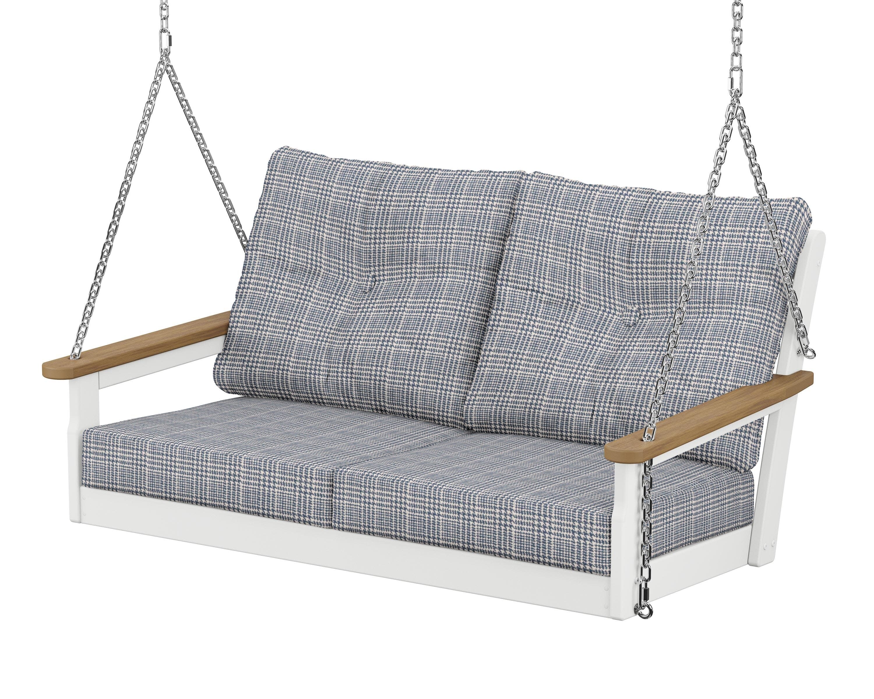 Vineyard Deep Seating Swing in White / Natural / Houndstooth Sky Blue