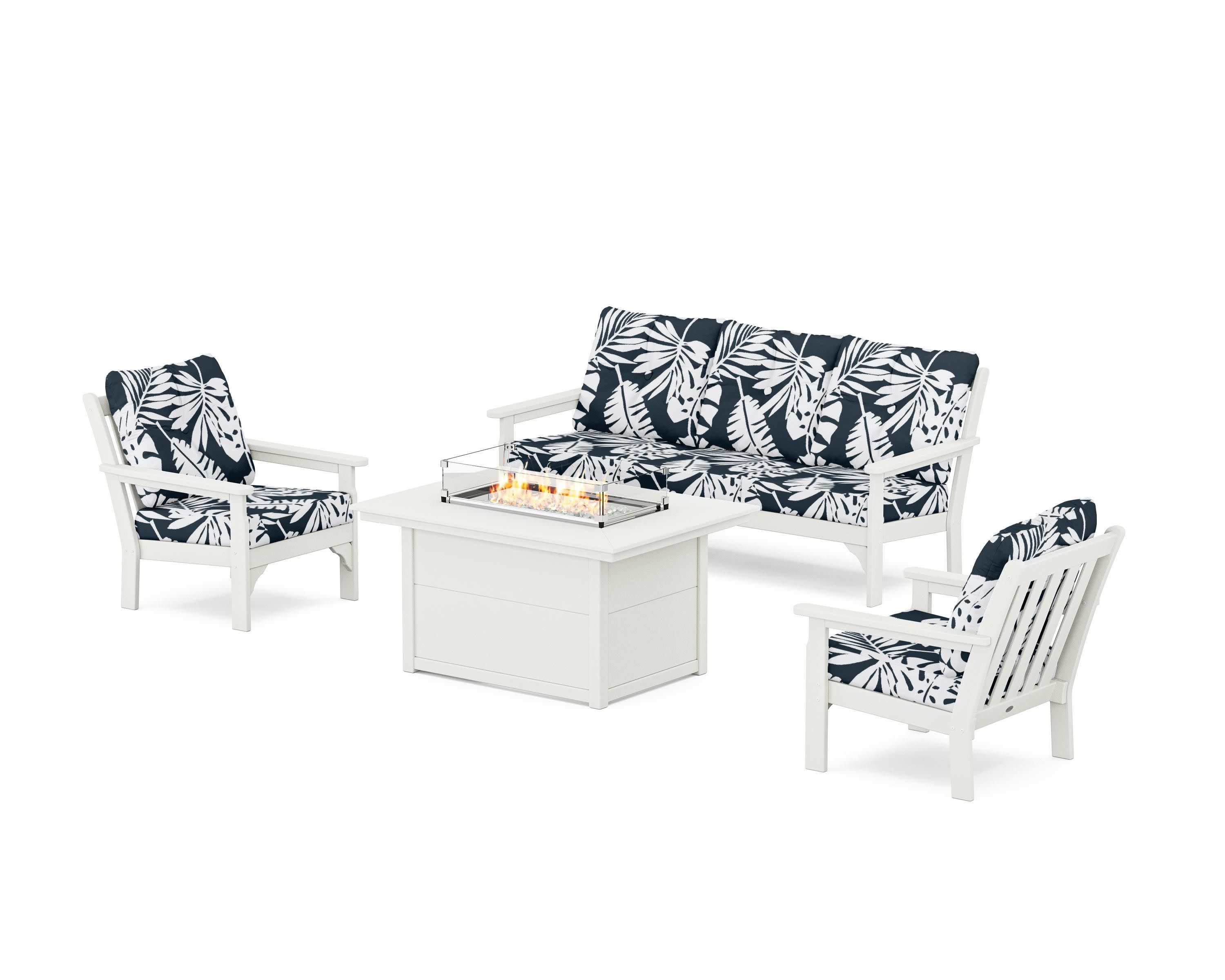 Vineyard Deep Seating Fire Pit Table Set in Vintage White / Leaf Marine Indigo