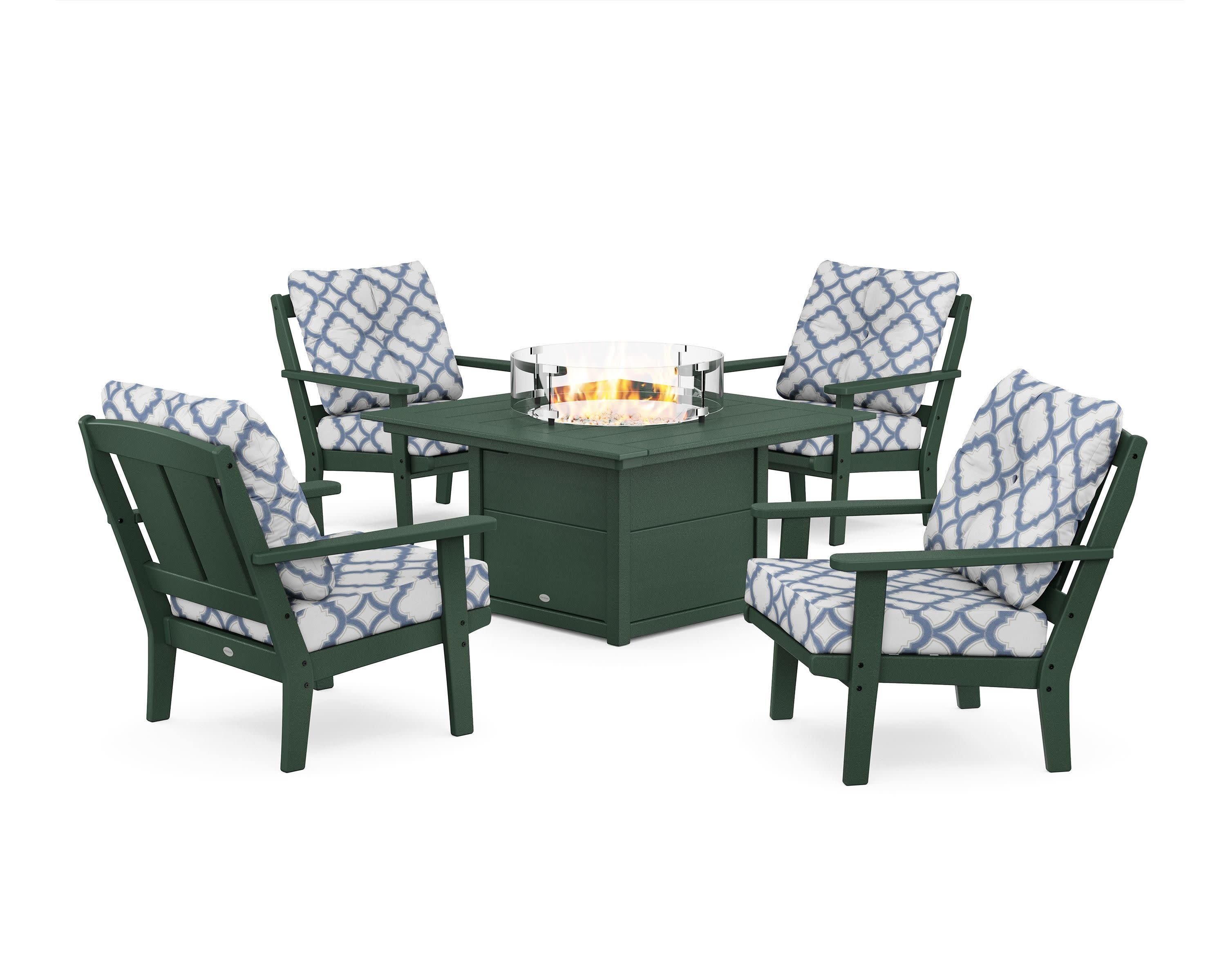 Mission 5-Piece Deep Seating Set with Fire Pit Table in Green / Trellis Sky Blue