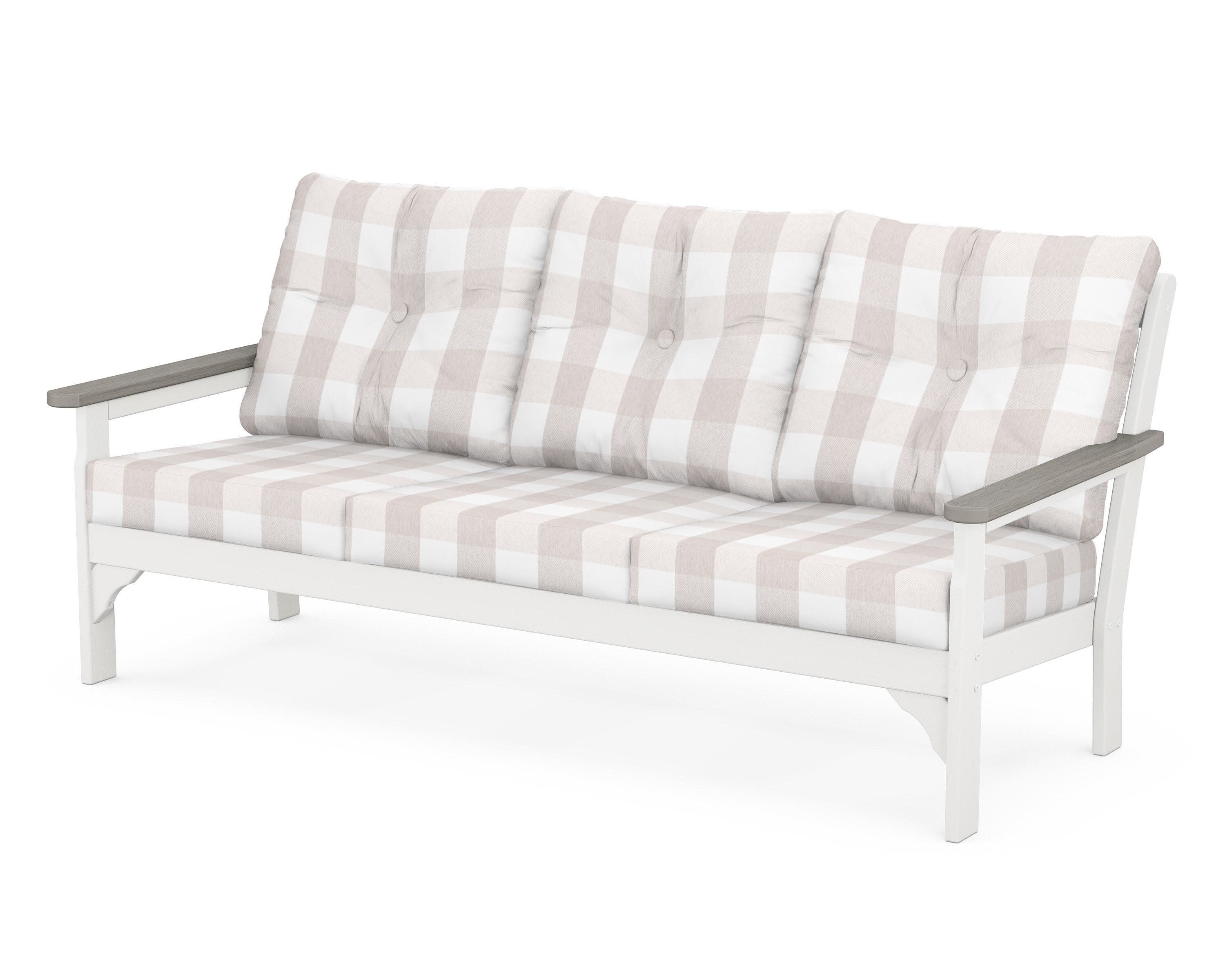 Vineyard Deep Seating Sofa in White / Driftwood / Buffalo Plaid Dune Burlap