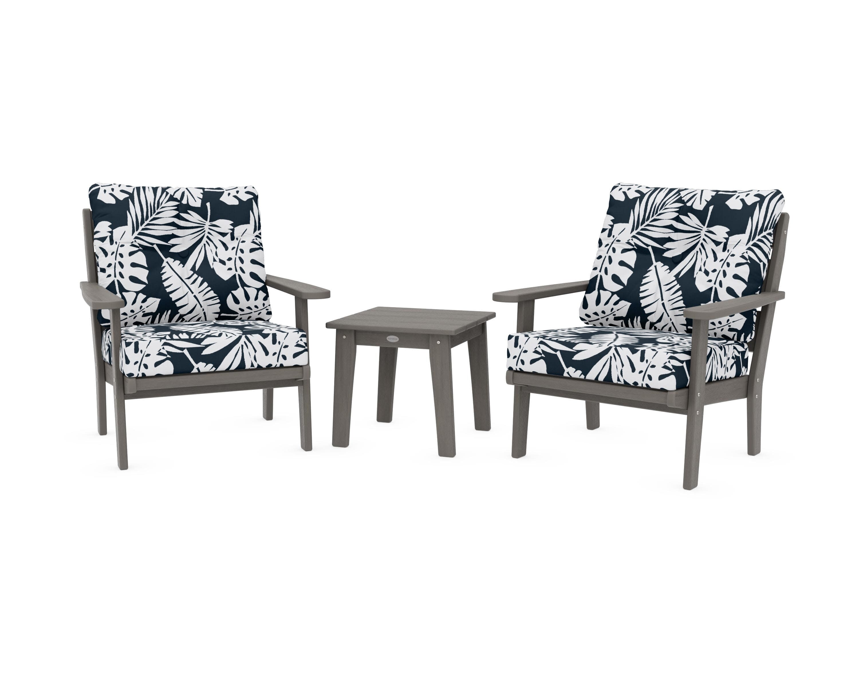 Lakeside 3-Piece Deep Seating Chair Set in Driftwood / Leaf Marine Indigo