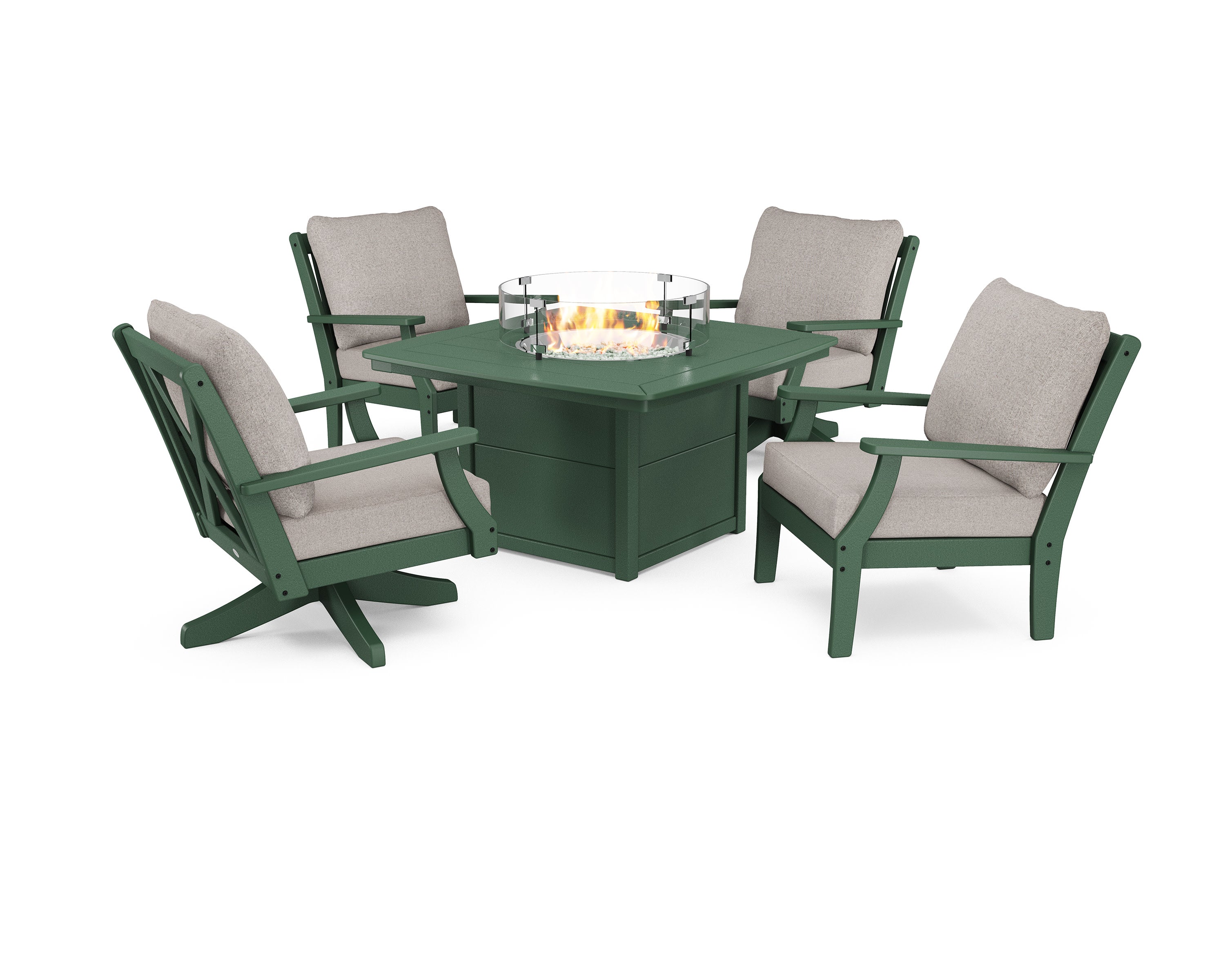 Braxton 5-Piece Deep Seating Set with Fire Table in Green / Weathered Tweed