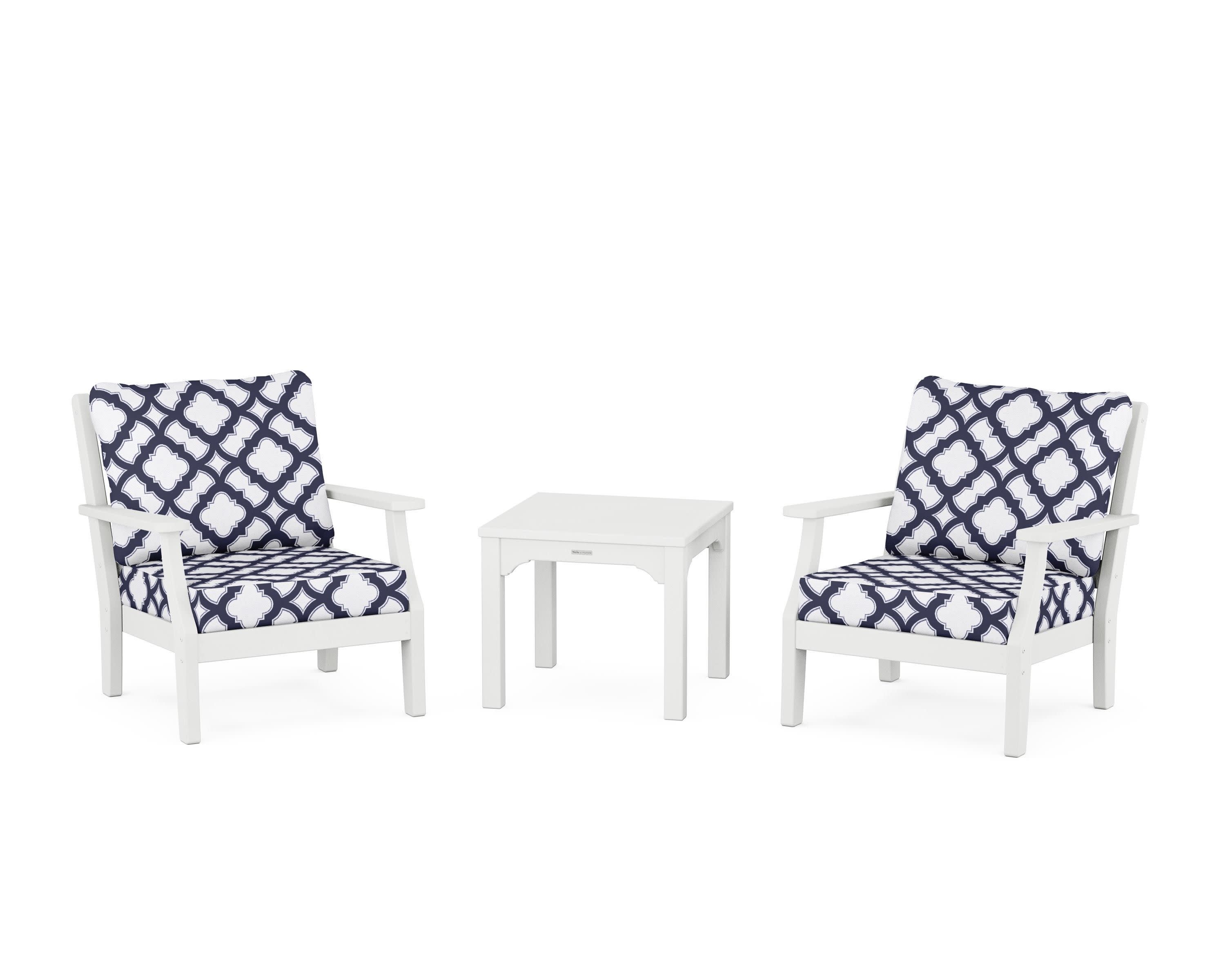 Chinoiserie 3-Piece Deep Seating Set in White / Trellis Navy
