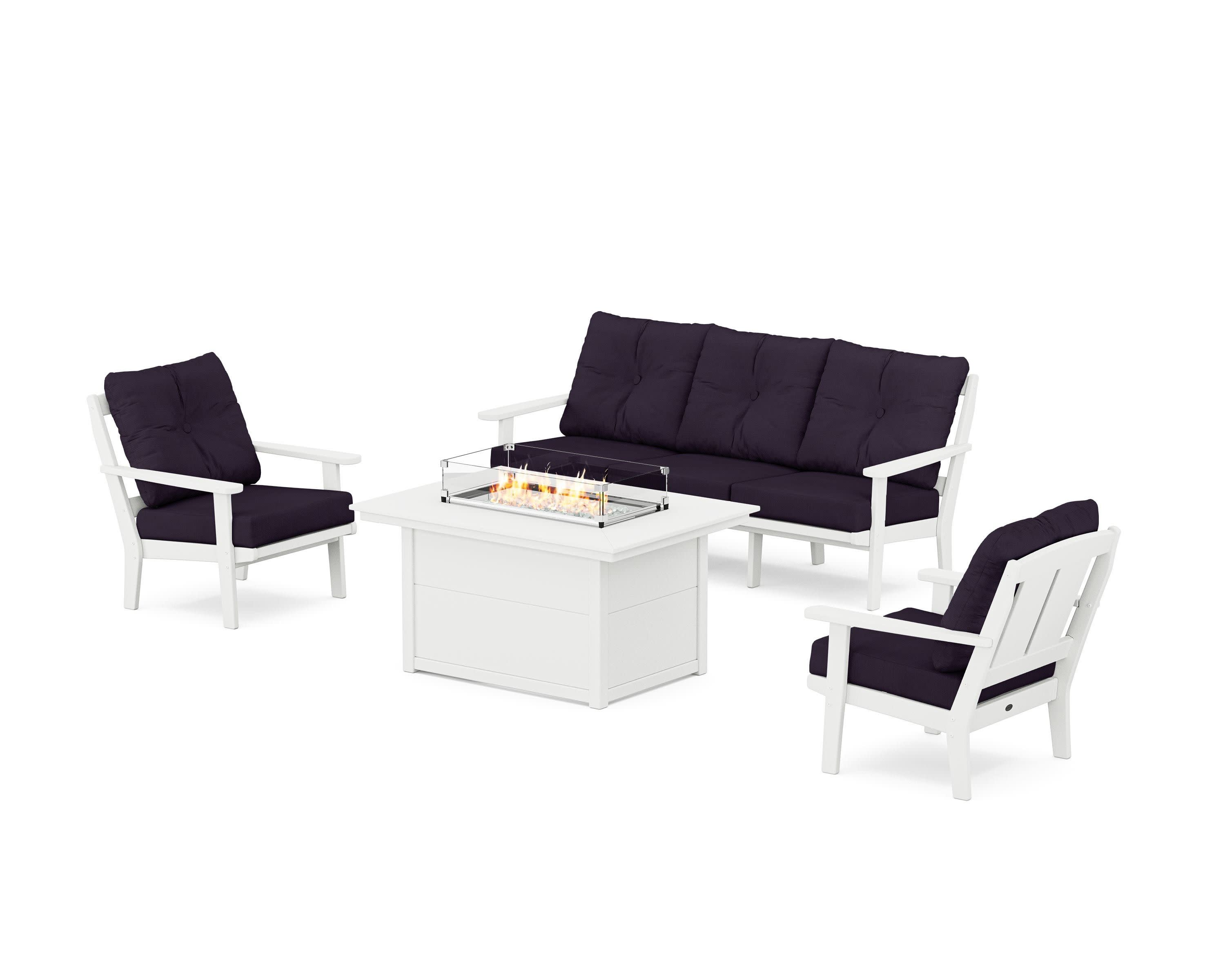 Mission Deep Seating Fire Pit Table Set in White / Navy Linen