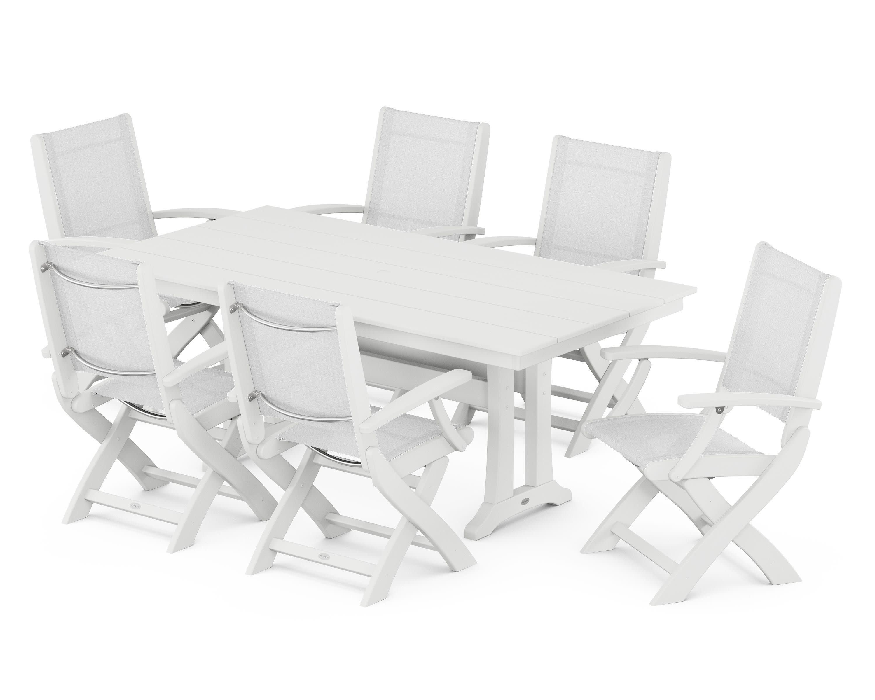 Coastal Folding Arm Chair 7-Piece Farmhouse Dining Set with Trestle Legs in White / White Sling