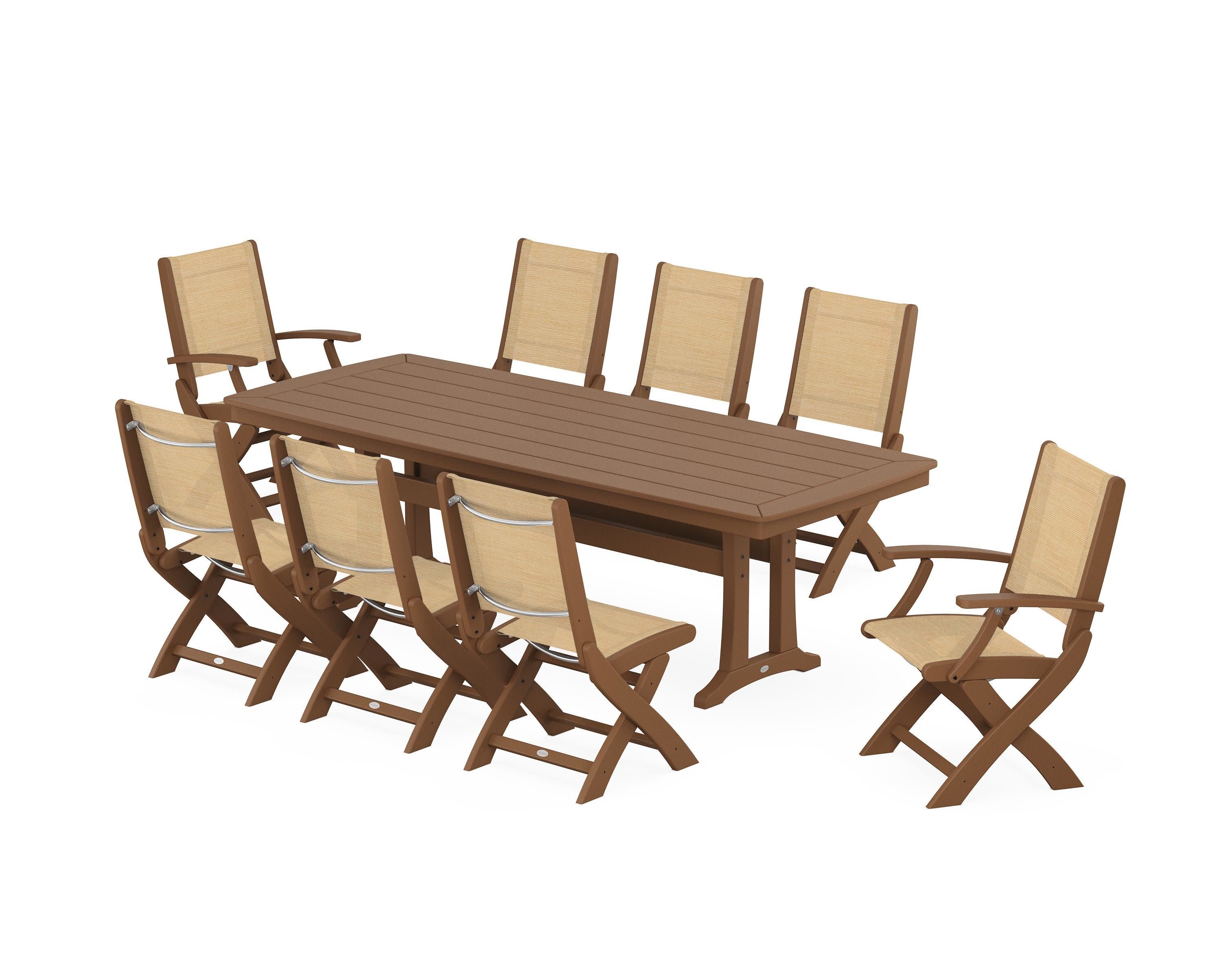 Coastal Folding 9-Piece Dining Set with Trestle Legs in Teak / Dupioni Apricot Sling