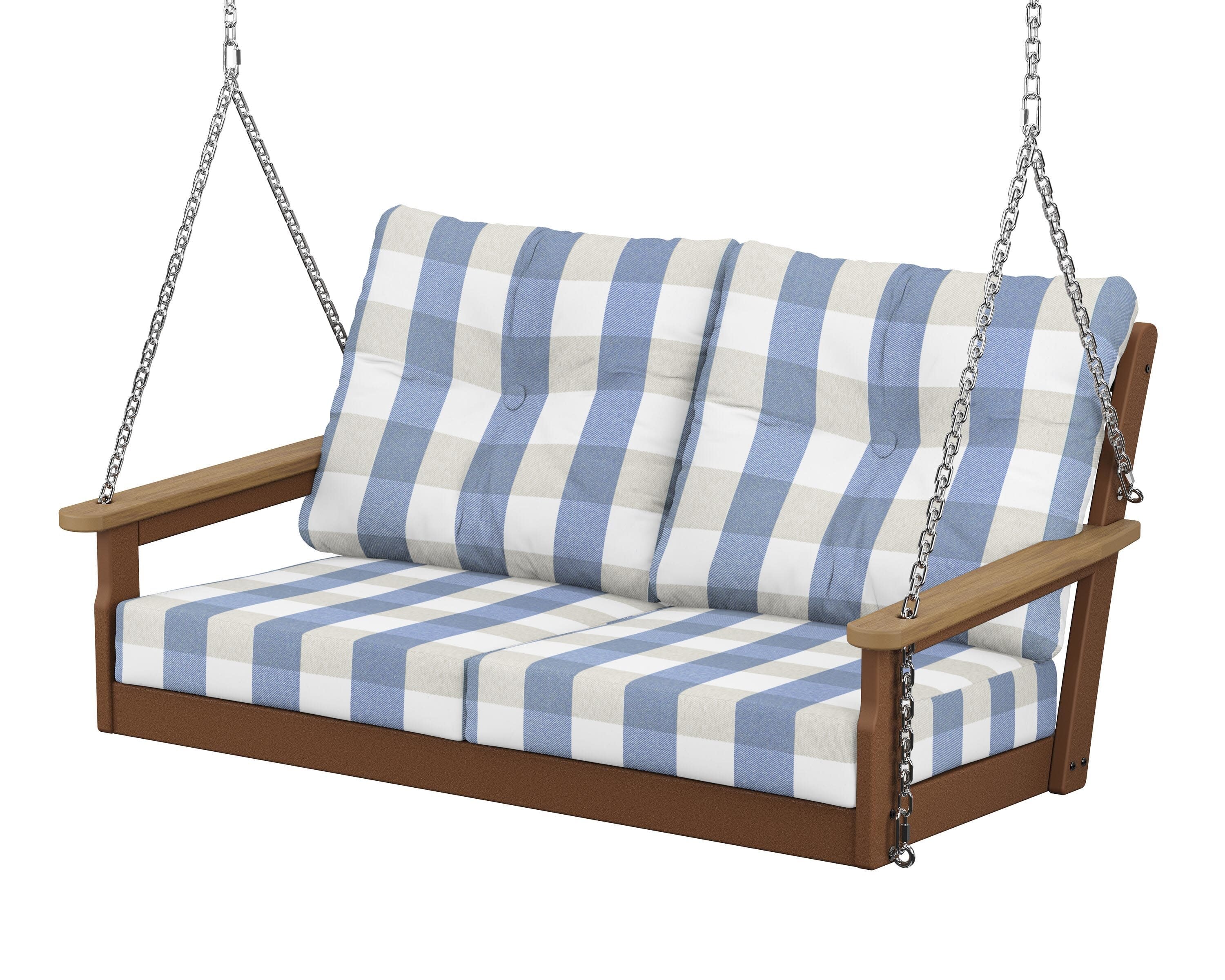 Vineyard Deep Seating Swing in Teak / Natural / Buffalo Plaid Sky Blue