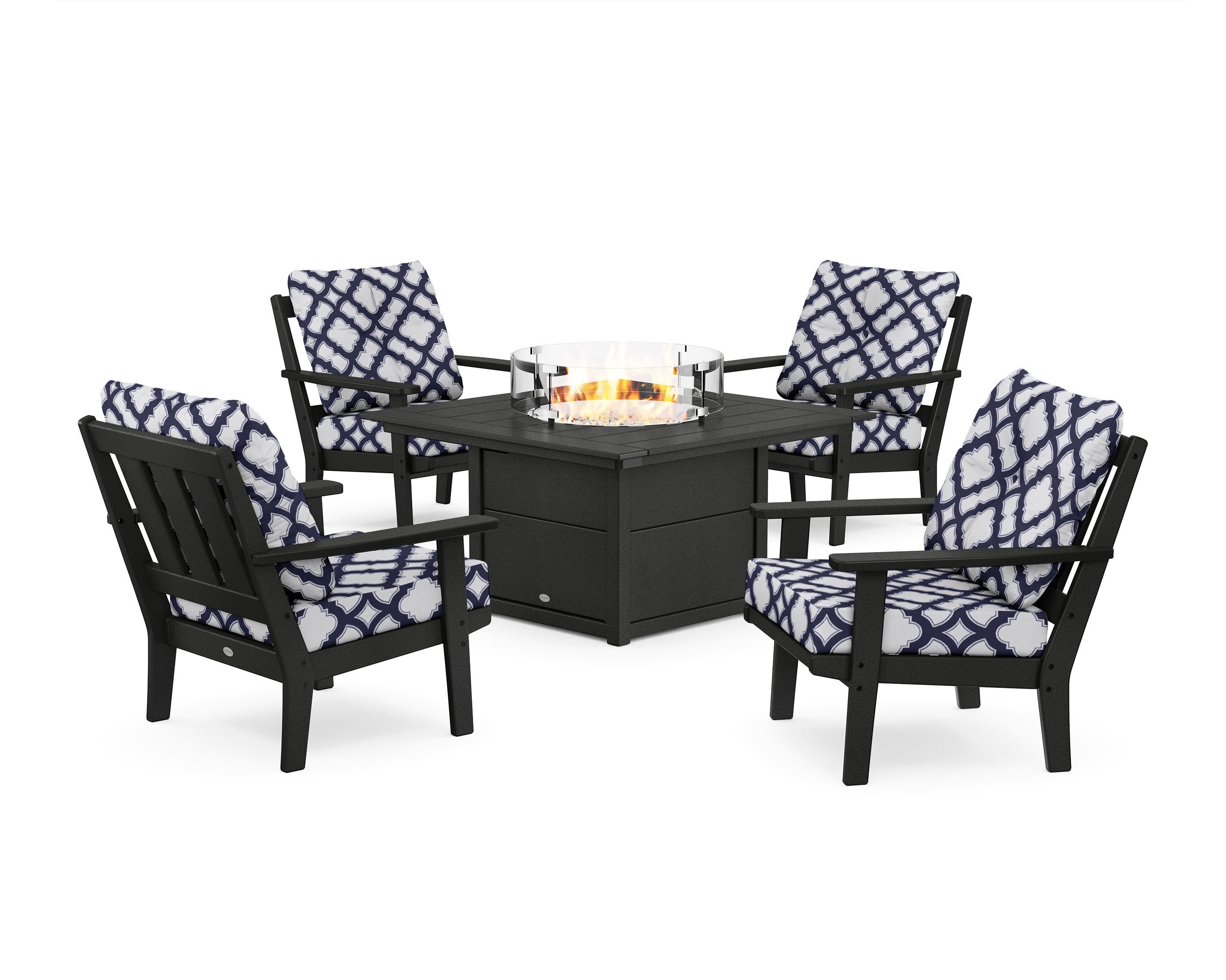 Oxford 5-Piece Deep Seating Set with Fire Pit Table in Black / Trellis Navy