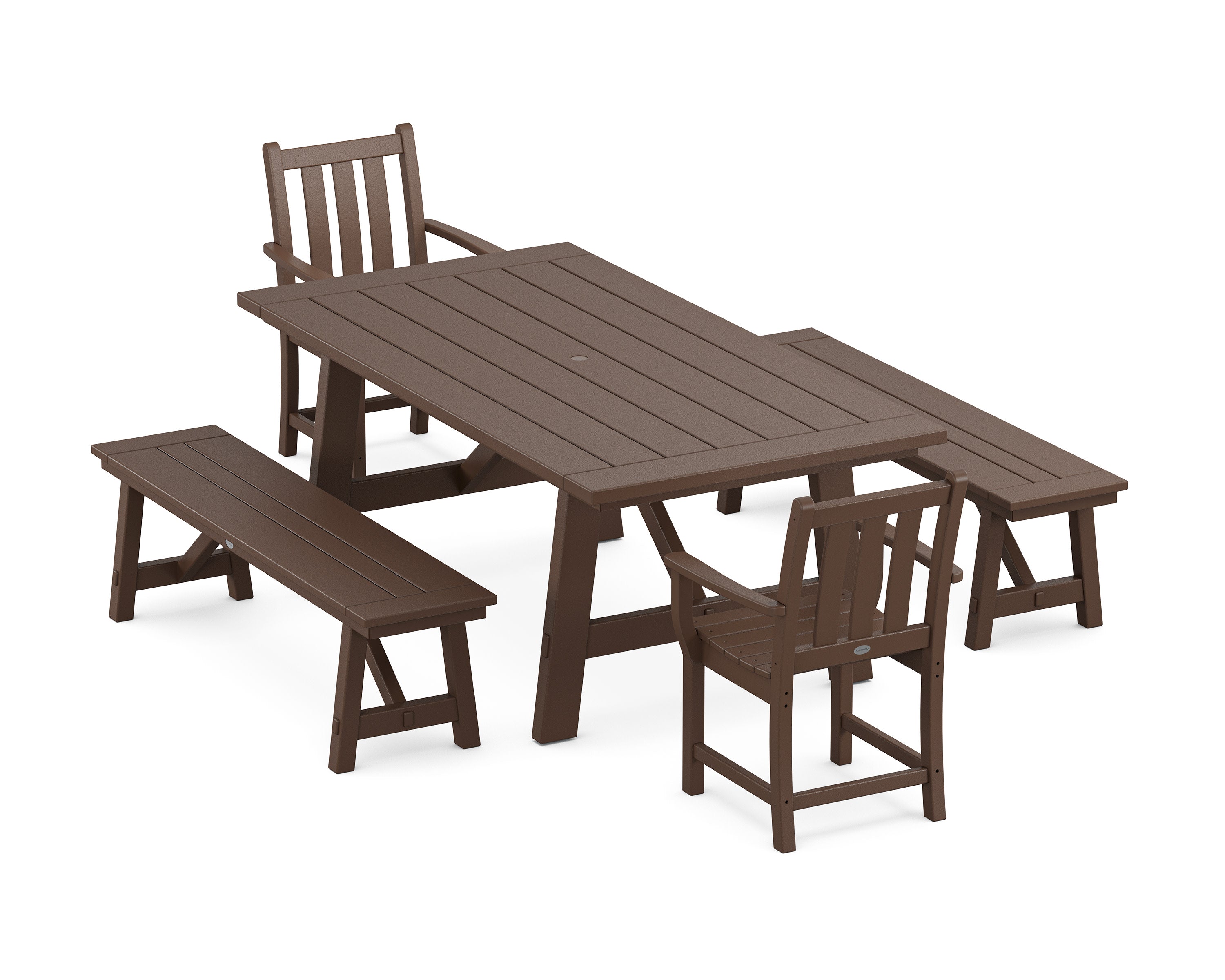 Traditional Garden 5-Piece Rustic Farmhouse Dining Set With Benches in Mahogany