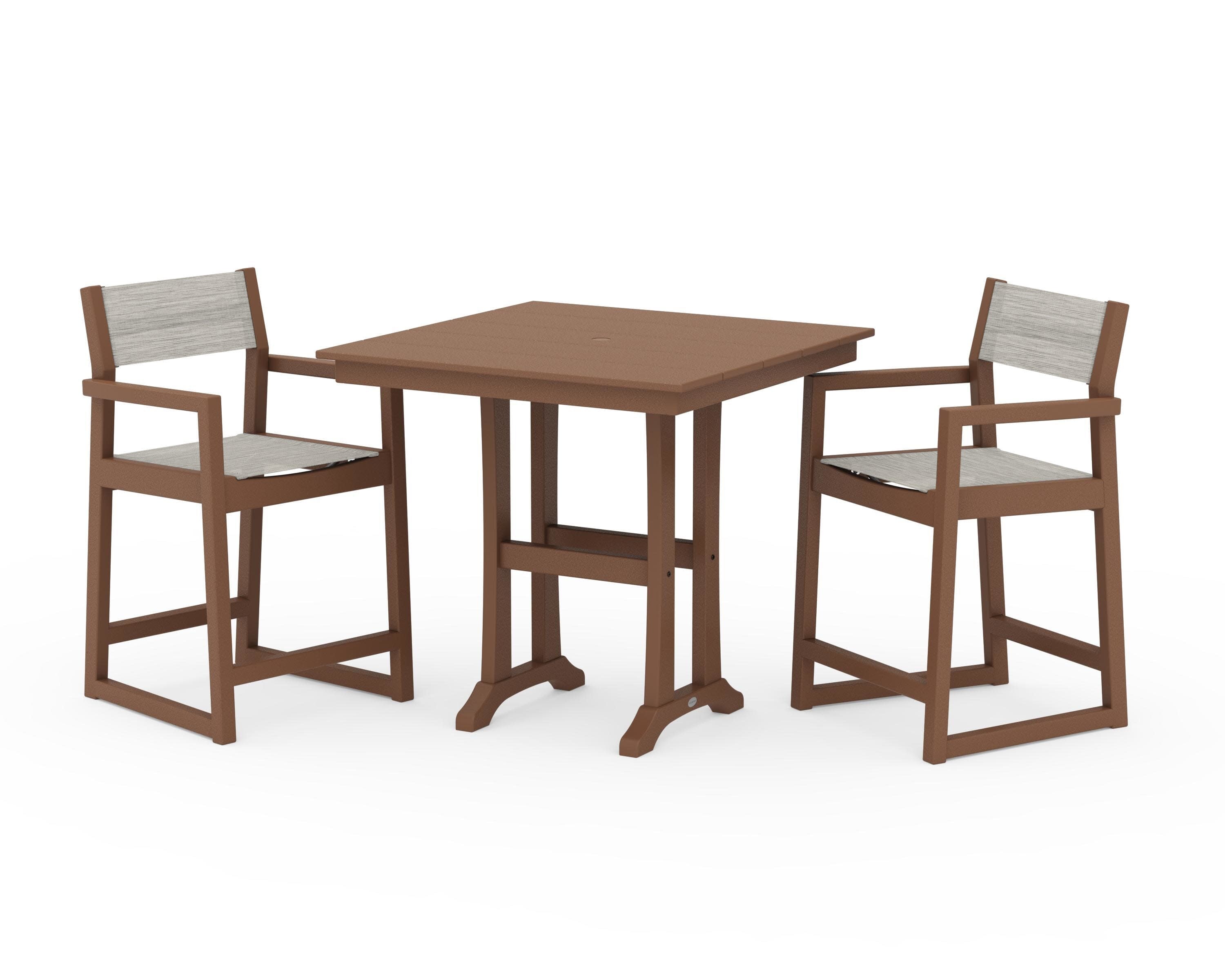EDGE Sling Arm Chair 3-Piece Farmhouse Counter Set with Trestle Legs in Teak / Birch Sling