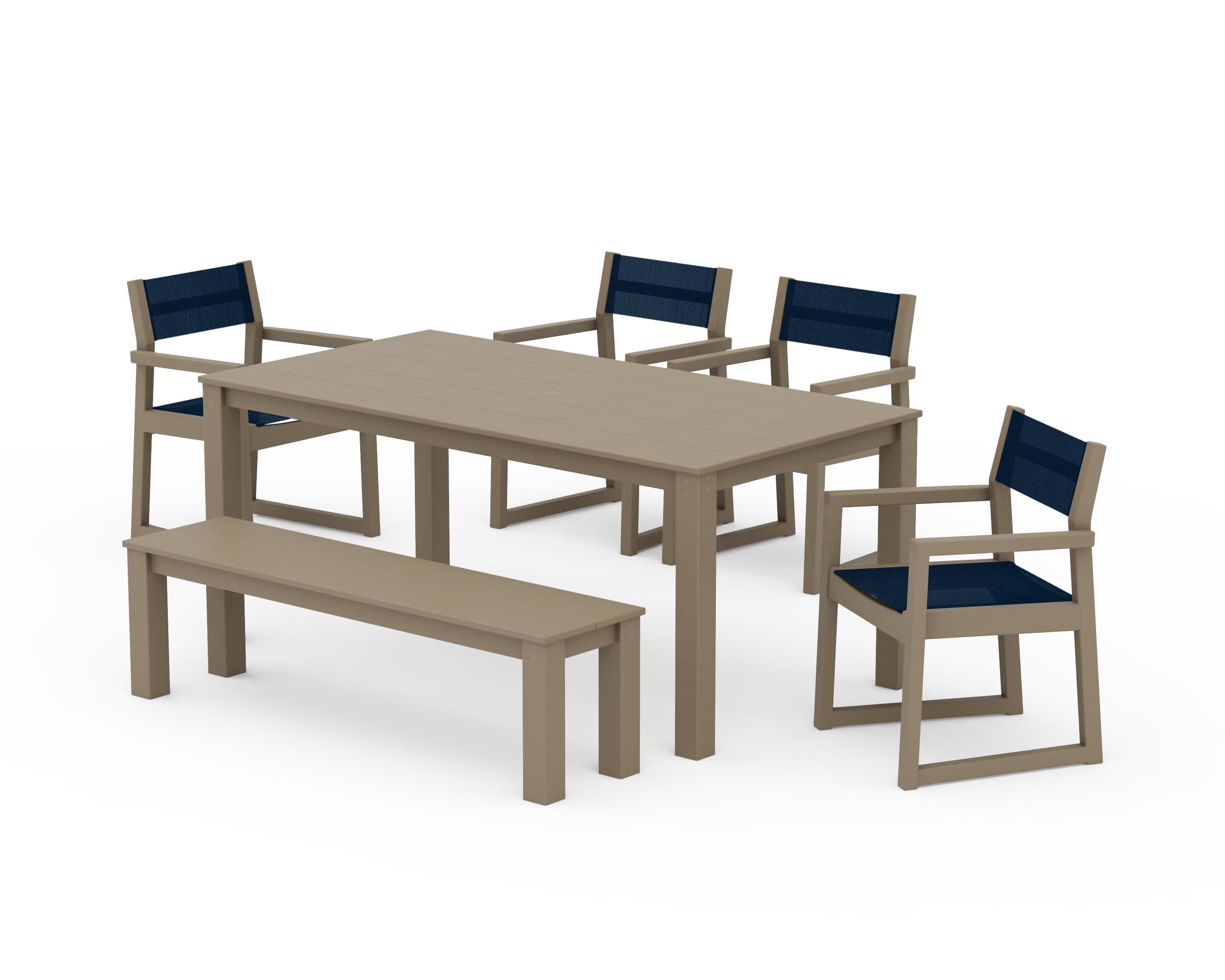 EDGE Sling Arm Chair 6-Piece Parsons Dining Set with Bench in Vintage Sahara / Navy Blue Sling