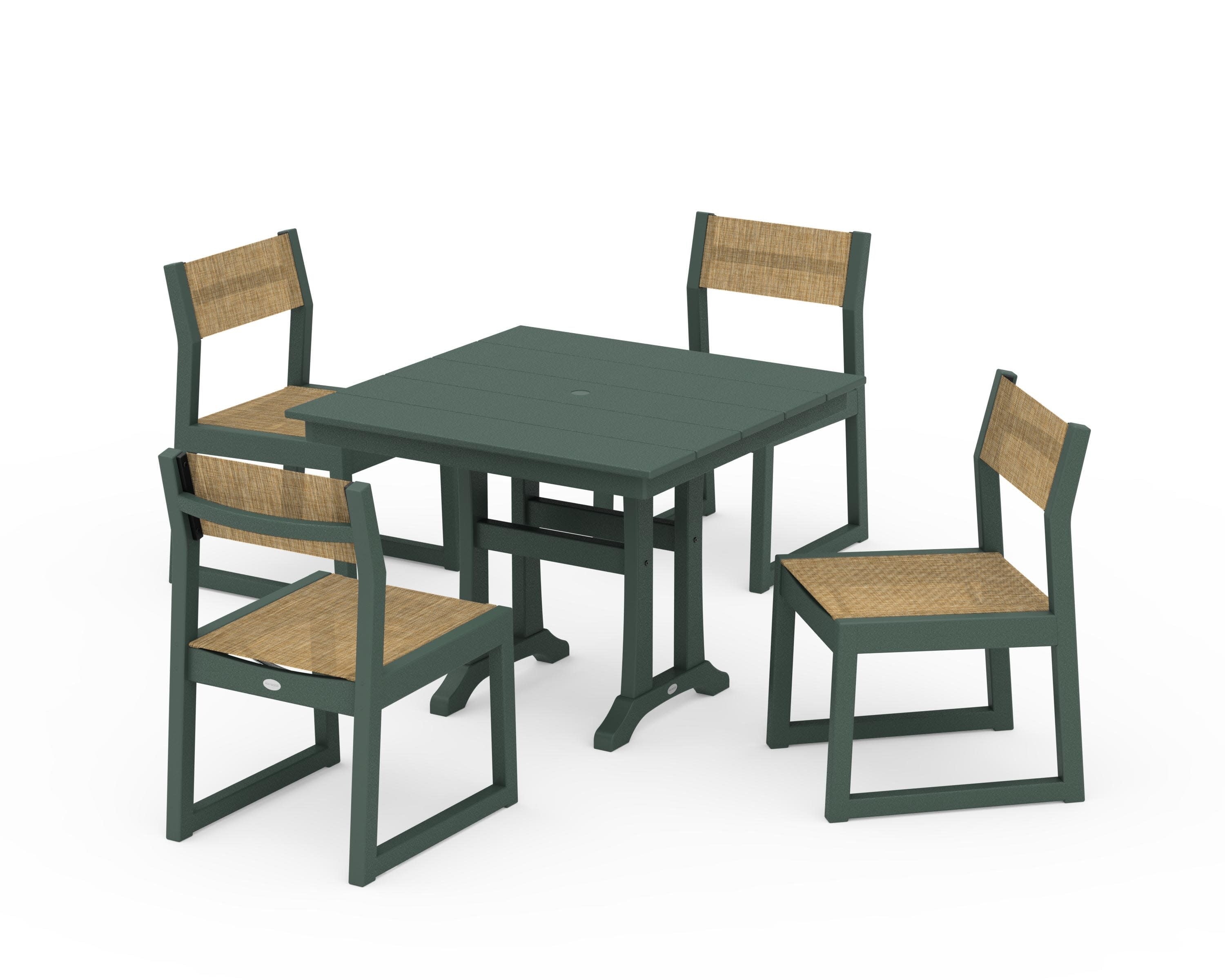 EDGE Sling 5-Piece Farmhouse Trestle Side Chair Dining Set in Green / Burlap Sling