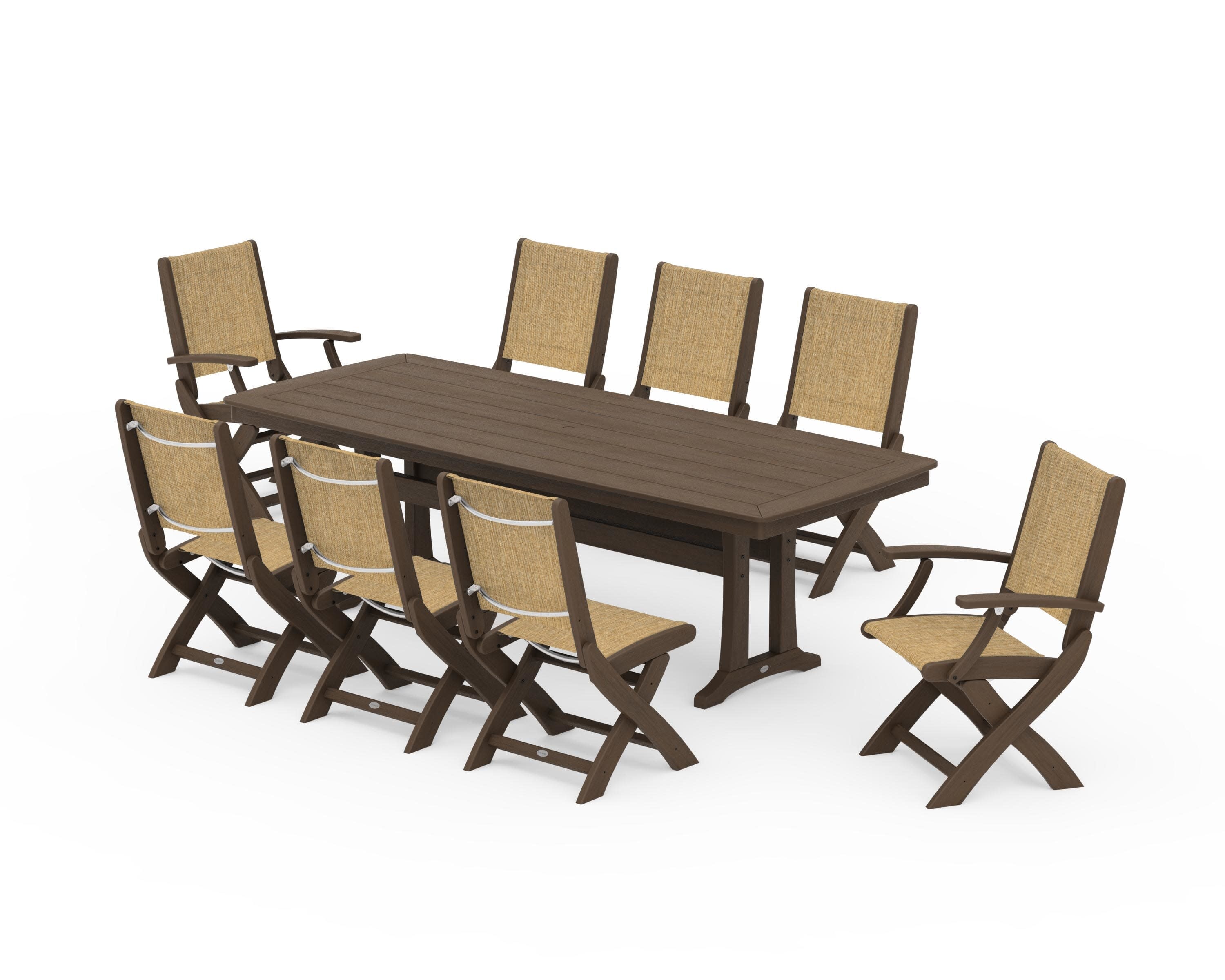 Coastal Folding 9-Piece Dining Set with Trestle Legs in Kona / Burlap Sling