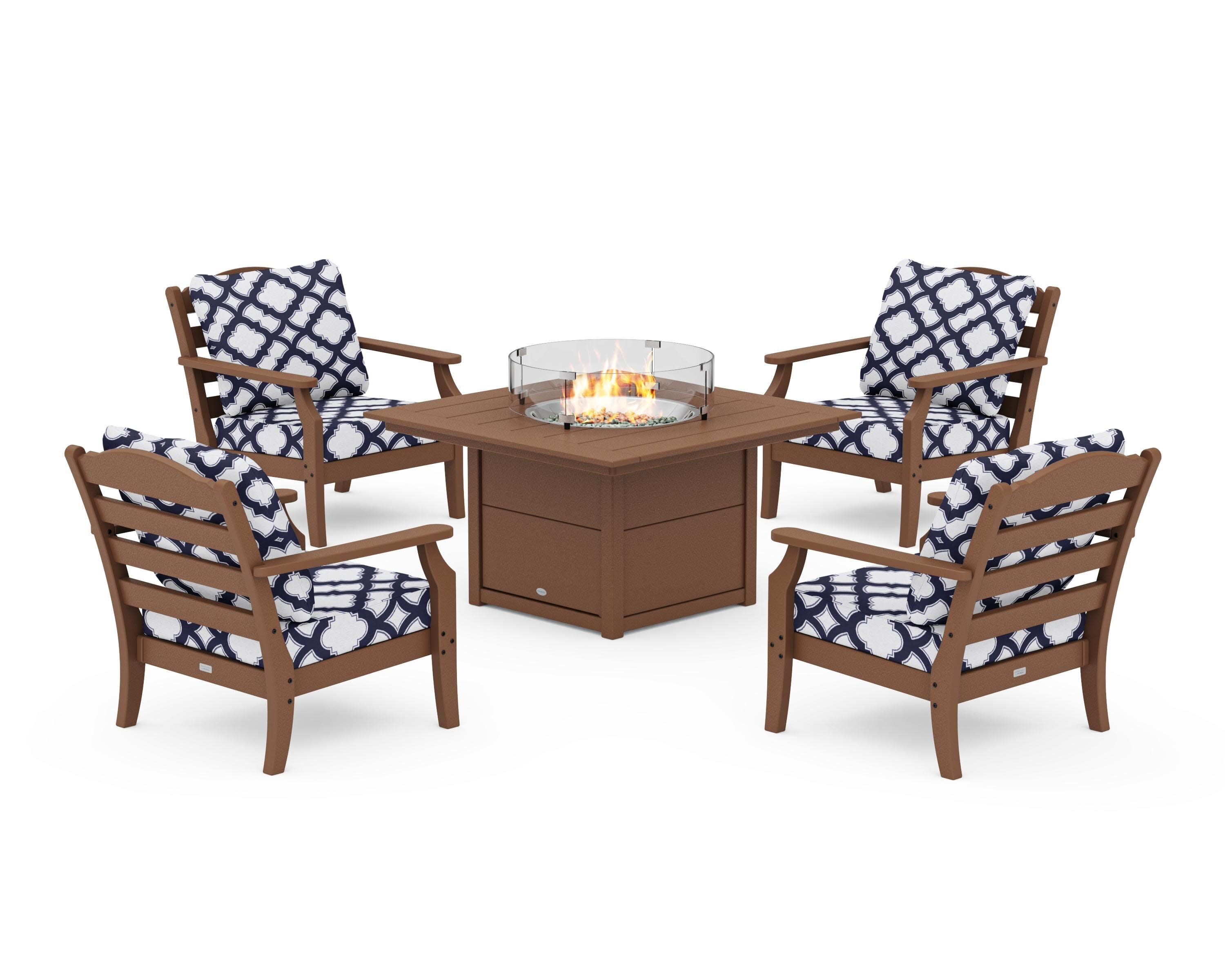 Savannah 5-Piece Deep Seating Set with Fire Pit Table in Teak / Trellis Navy