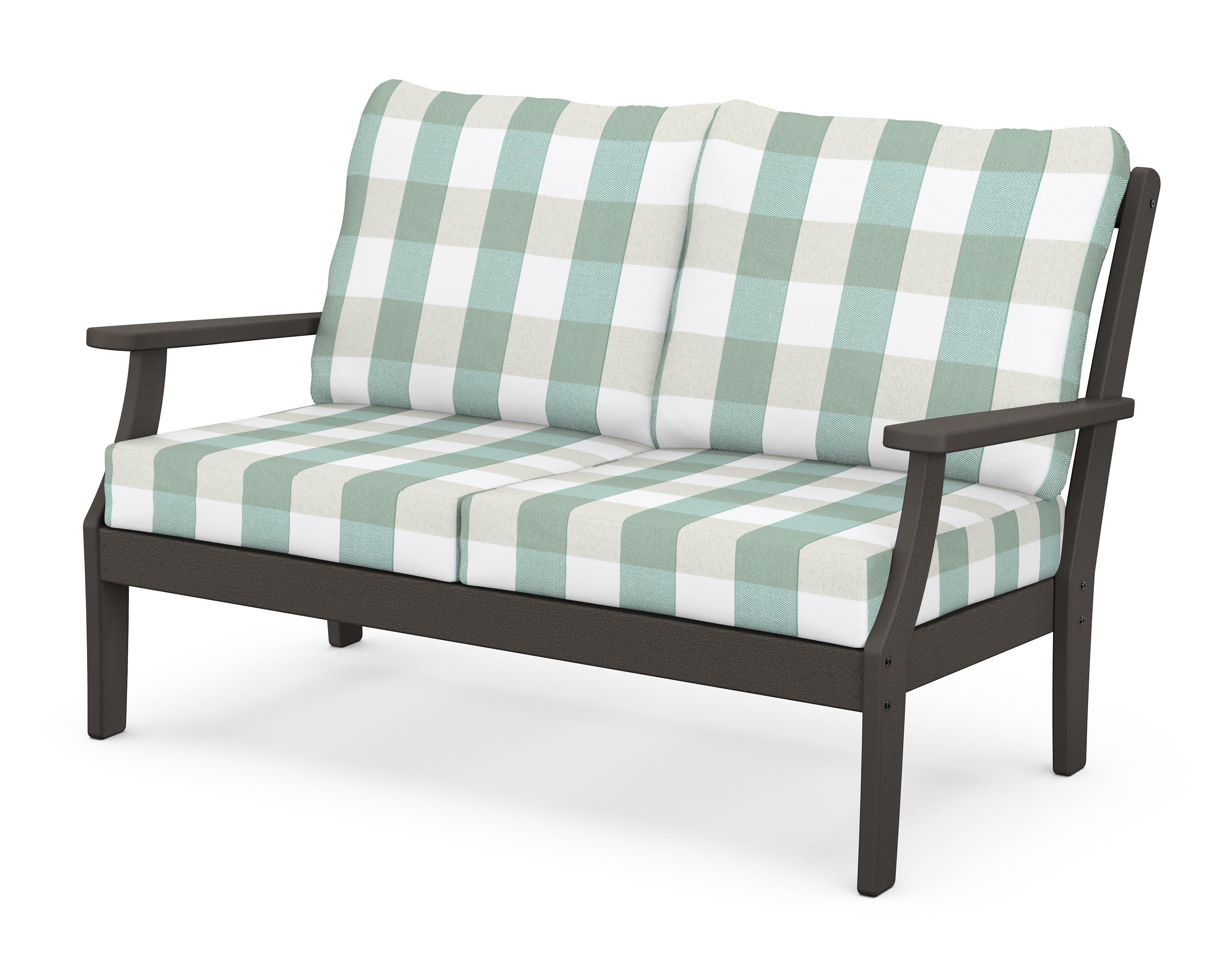 Braxton Deep Seating Loveseat in Vintage Coffee / Buffalo Plaid Glacier Spa
