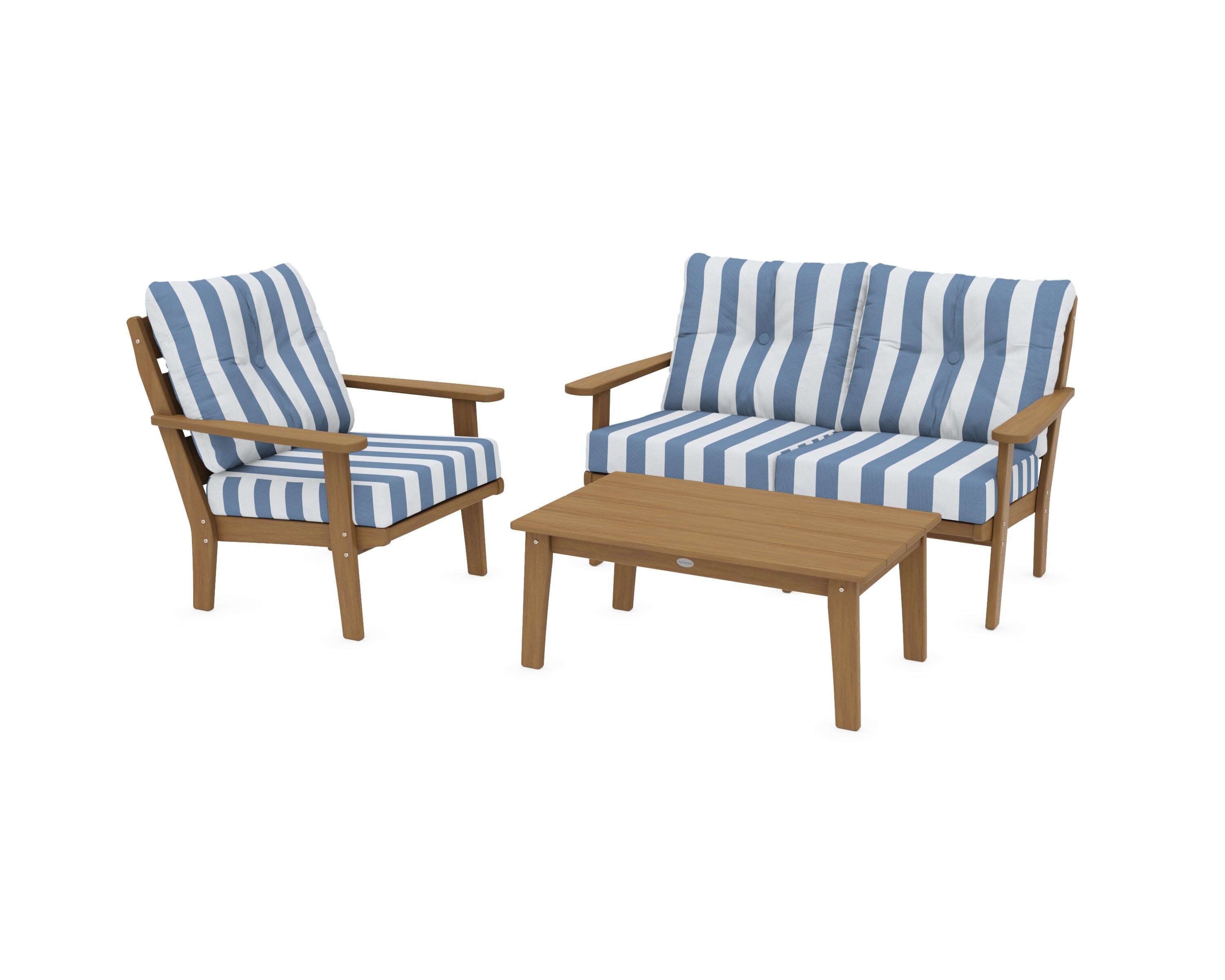 Lakeside 3-Piece Deep Seating Set in Natural / Cabana Stripe Sky Blue