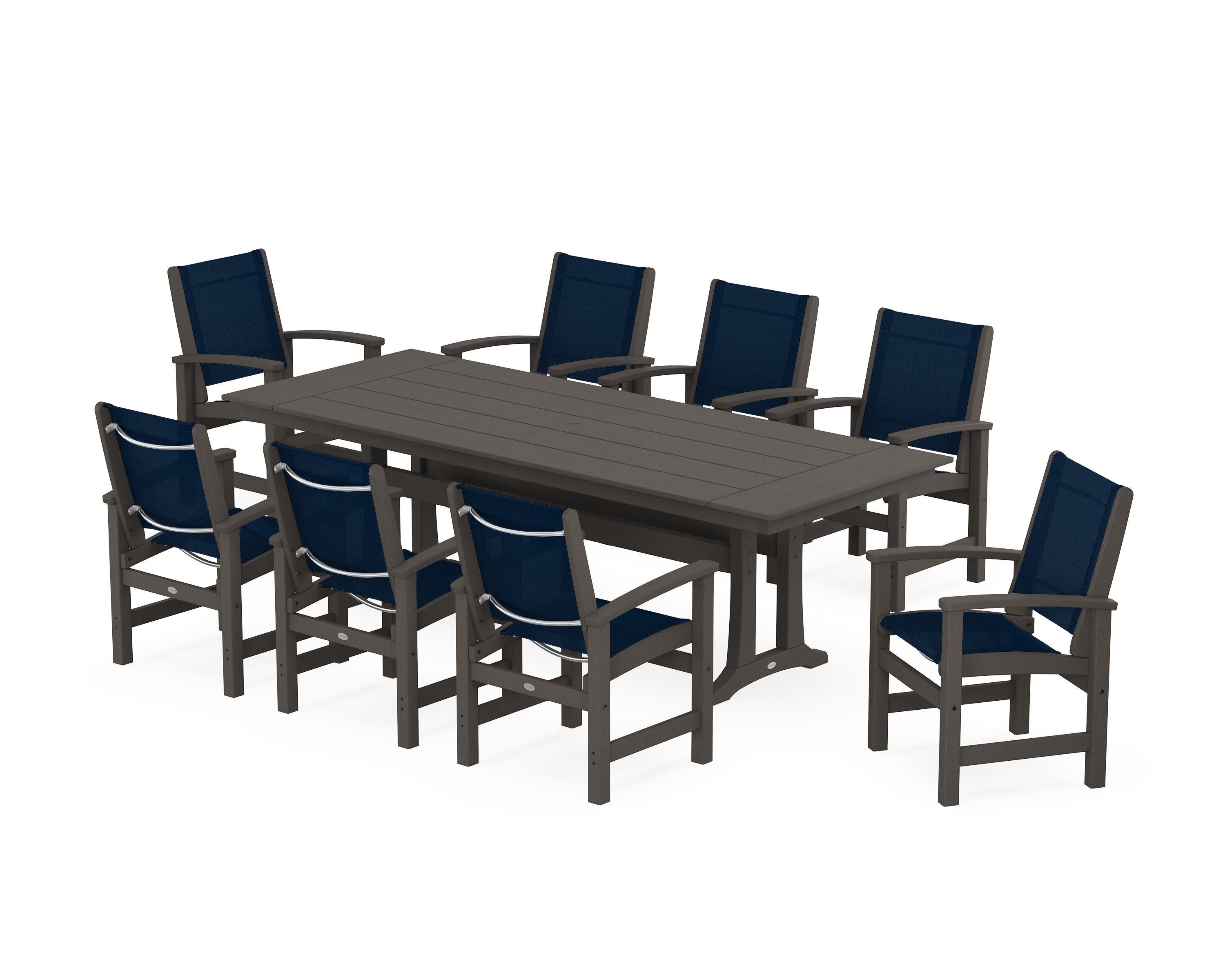Coastal 9-Piece Farmhouse Dining Set with Trestle Legs in Vintage Coffee / Navy Blue Sling