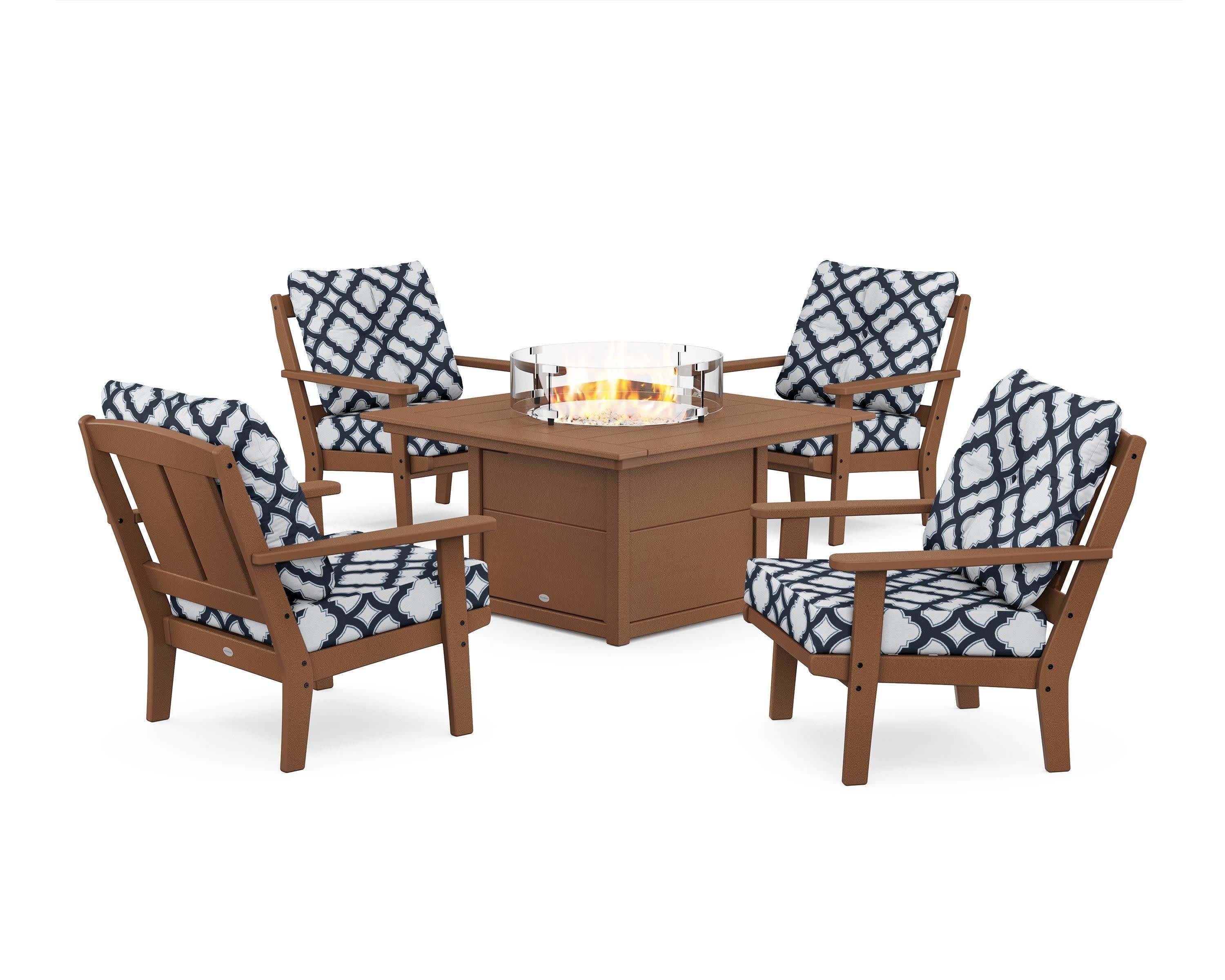 Mission 5-Piece Deep Seating Set with Fire Pit Table in Teak / Trellis Marine Indigo