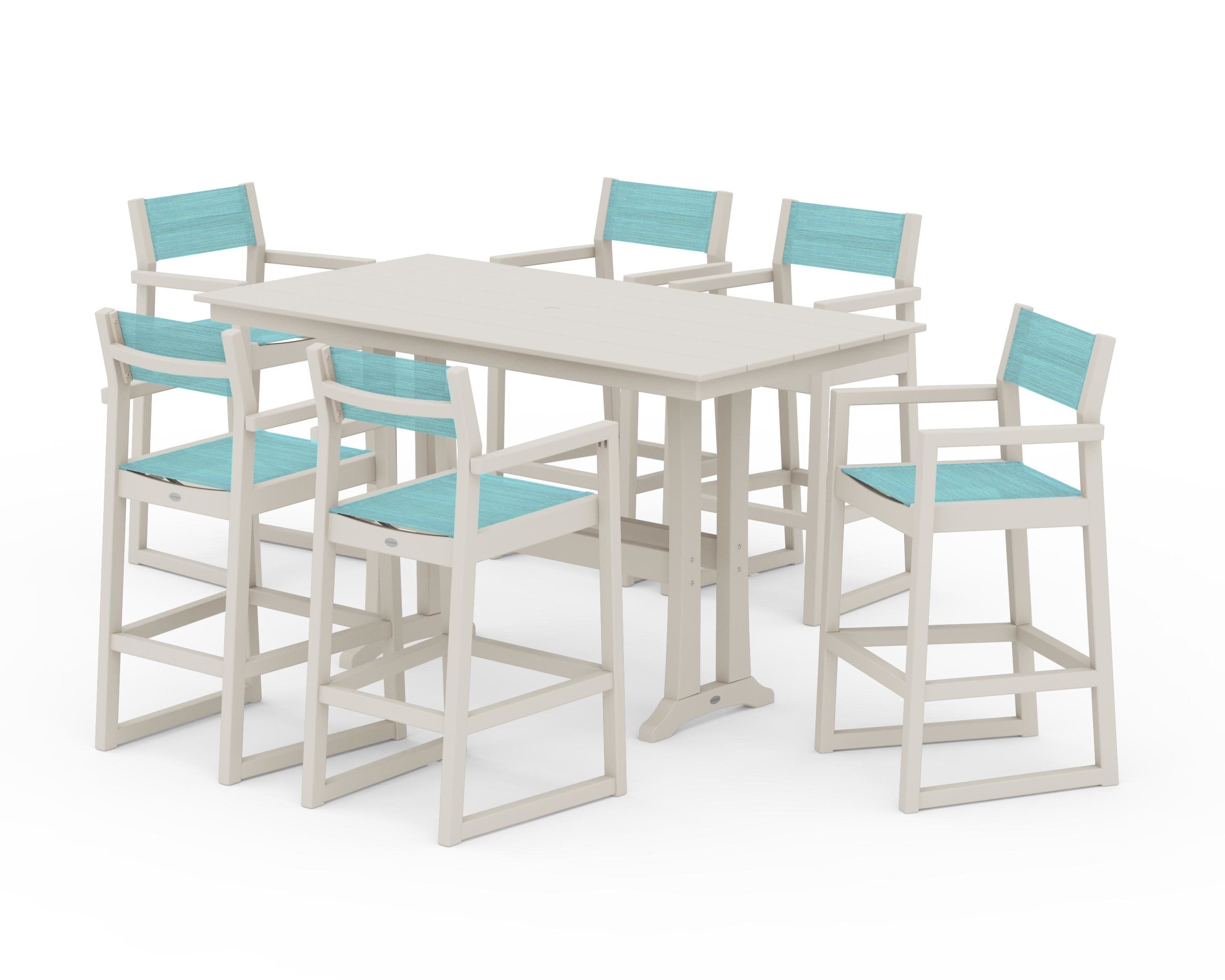EDGE Sling Arm Chair 7-Piece Farmhouse Bar Set with Trestle Legs in Sand / Dupioni Aquamarine Sling