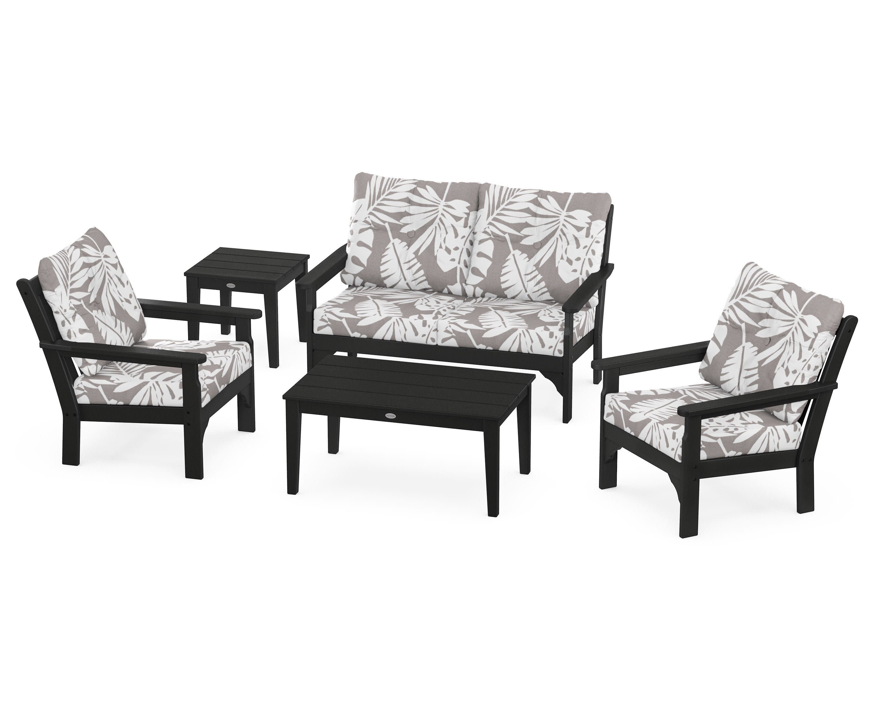 Vineyard 5-Piece Deep Seating Set in Black / Leaf Grey Mist