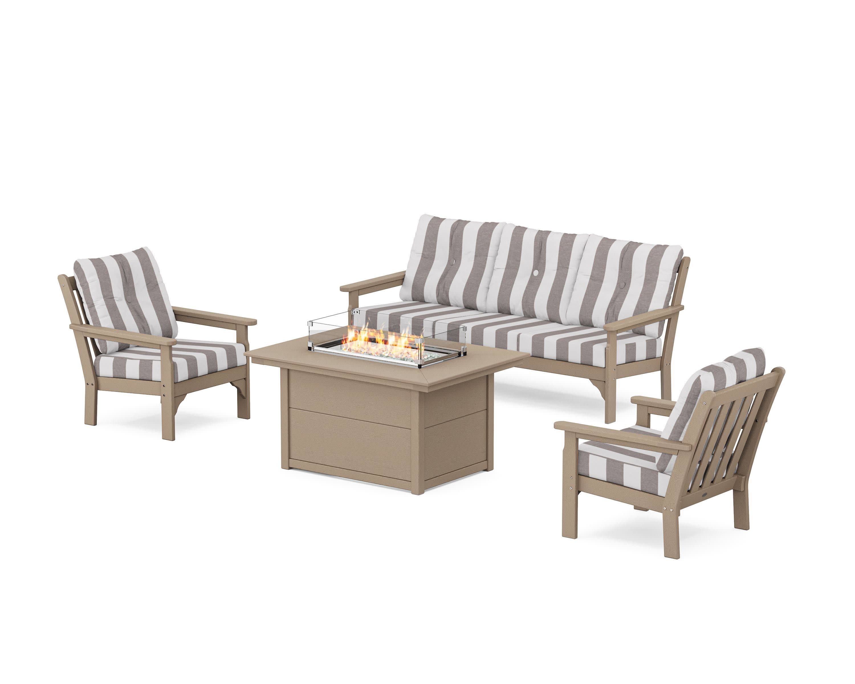 Vineyard Deep Seating Fire Pit Table Set in Vintage Sahara / Cabana Stripe Grey Mist