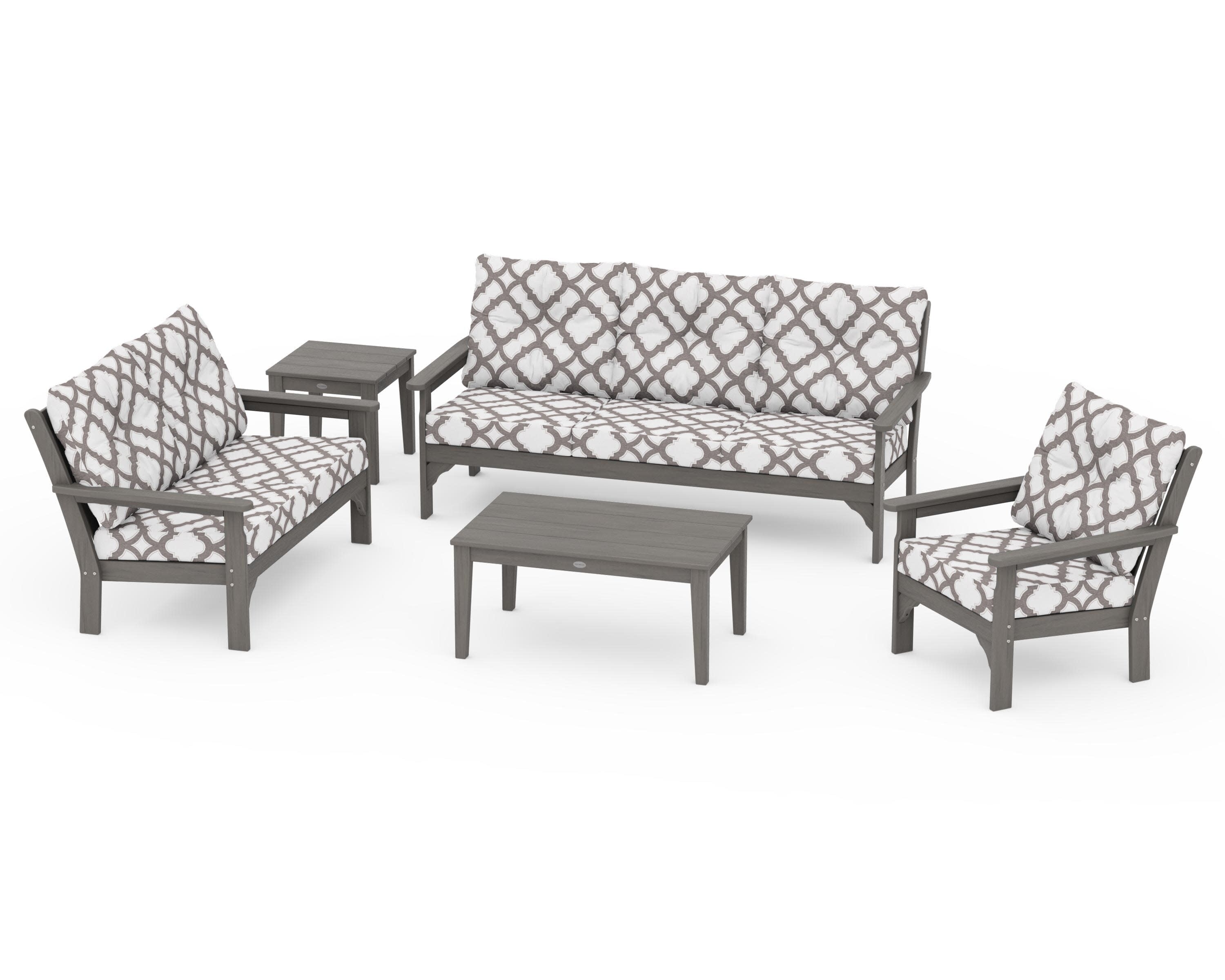 Vineyard 5 Piece Deep Seating Set in Driftwood / Trellis Grey Mist