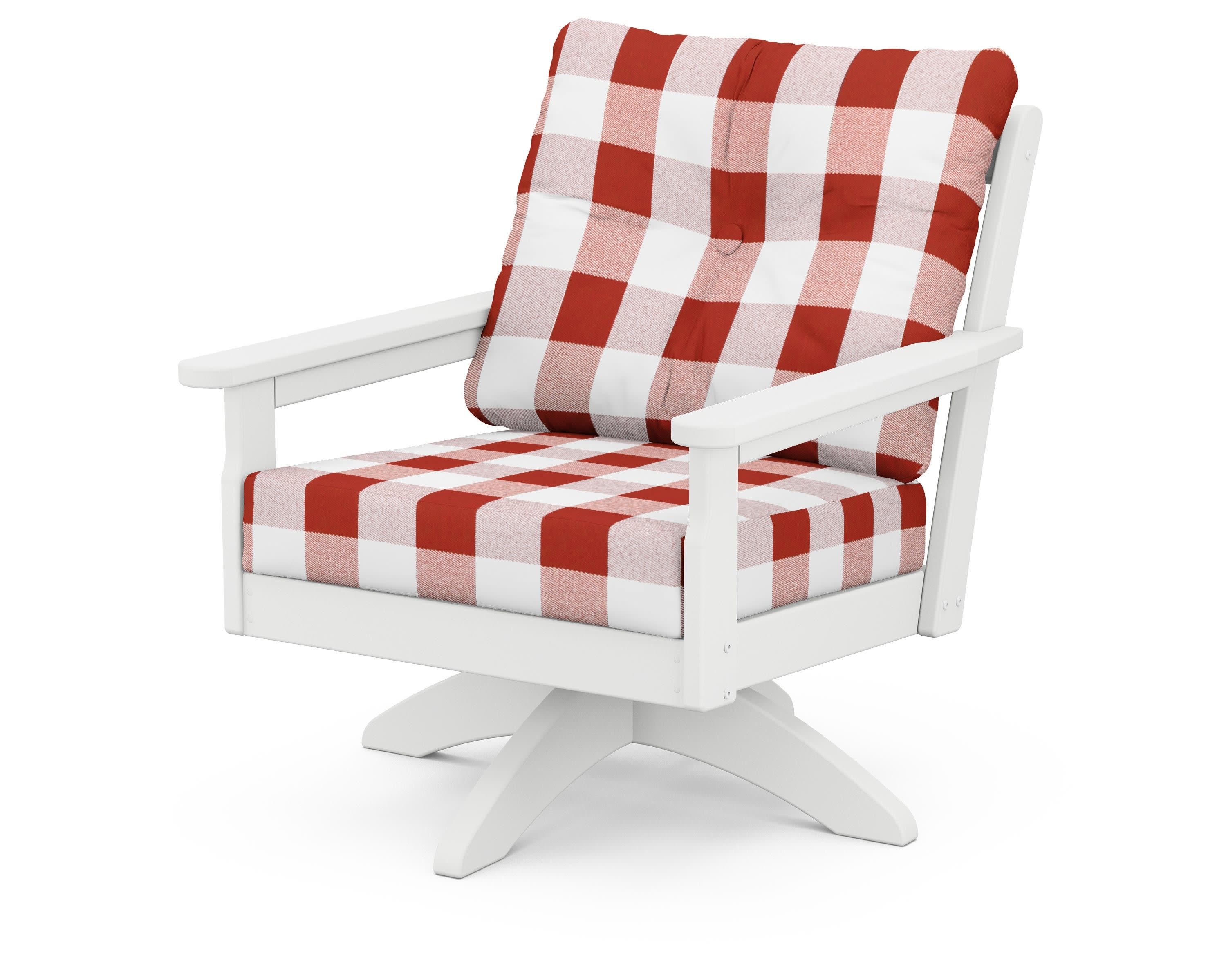 Vineyard Deep Seating Swivel Chair in White / Buffalo Plaid Crimson