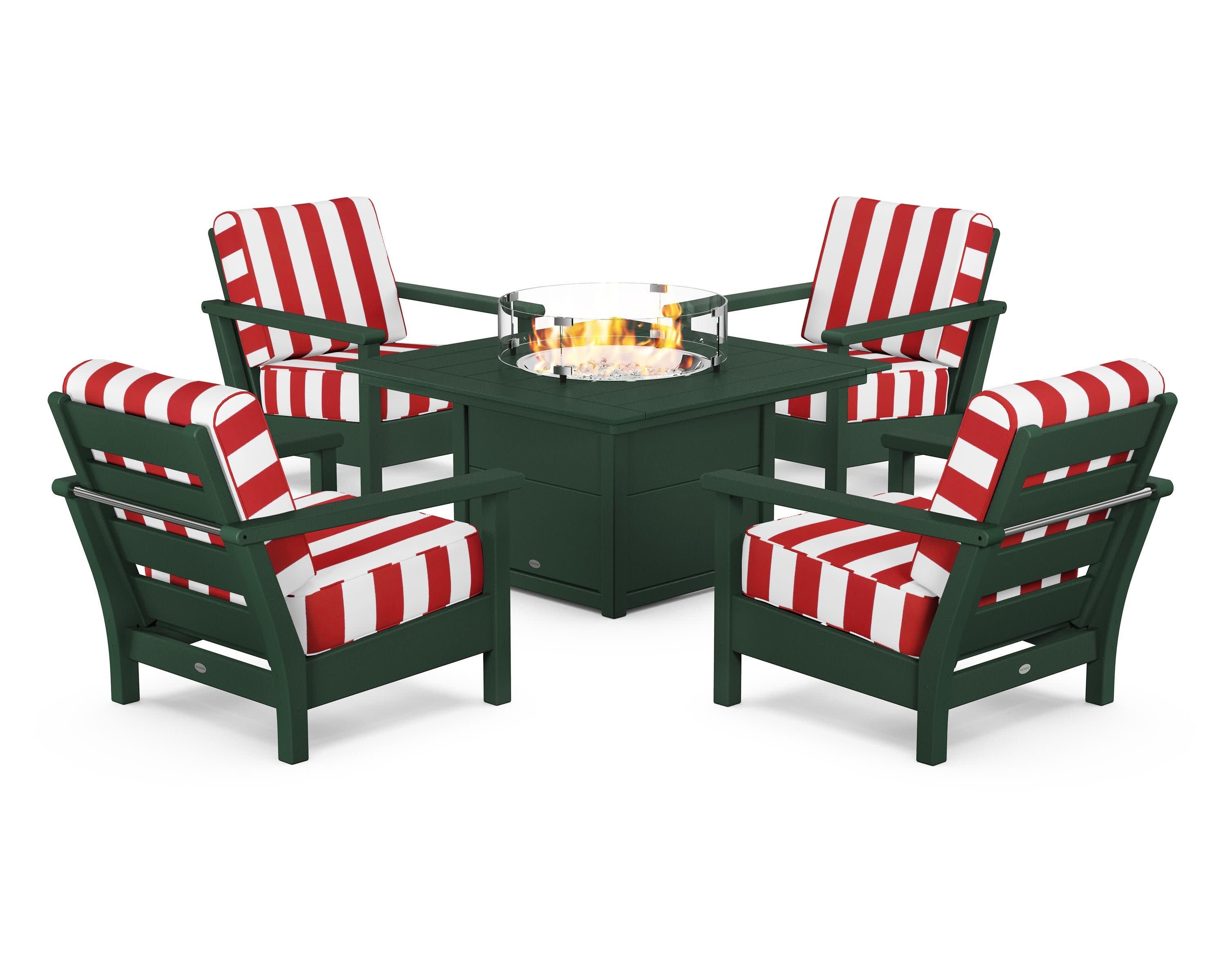 Harbour 5-Piece Conversation Set with Fire Pit Table in Green / Cabana Stripe Crimson