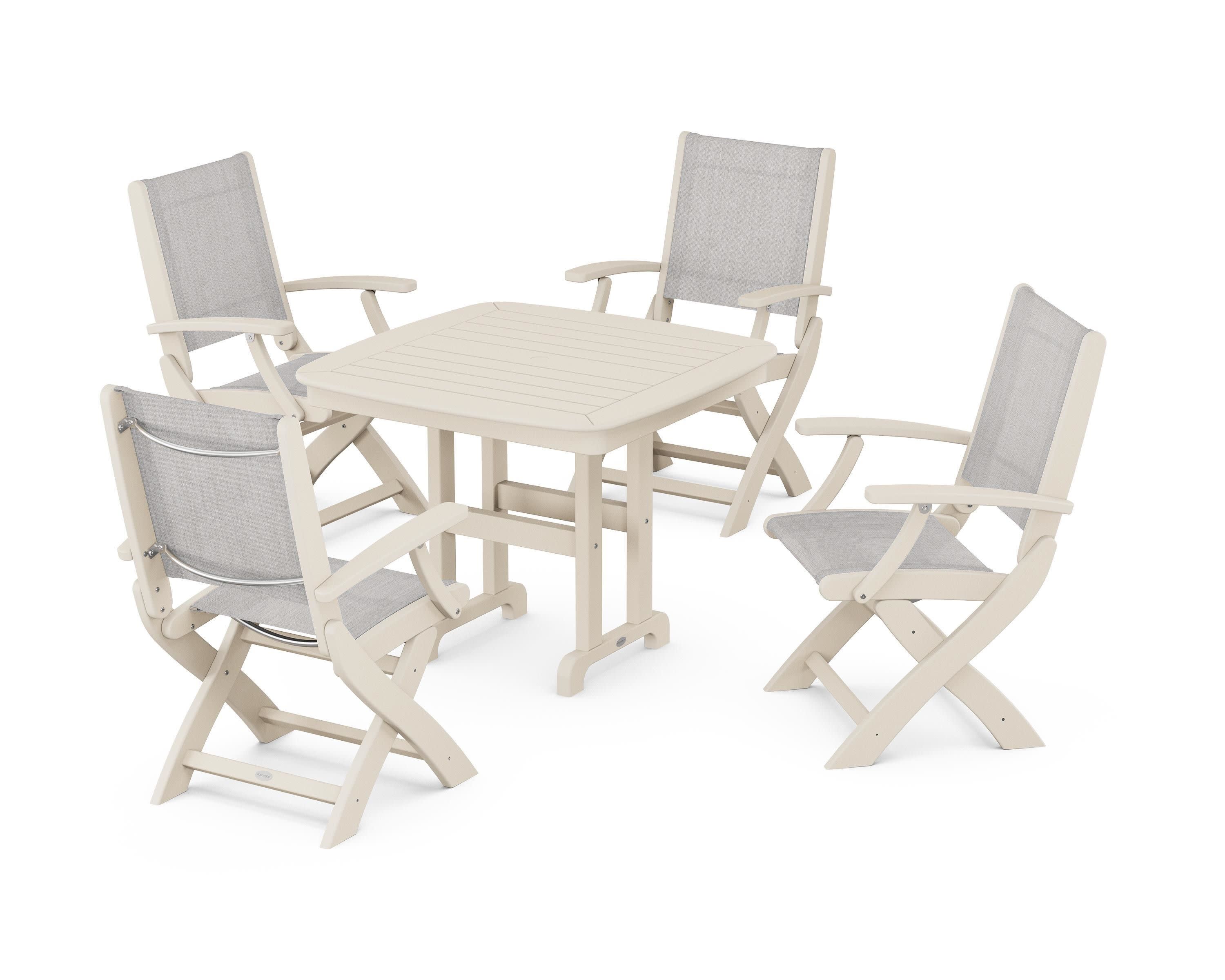 Coastal Folding Chair 5-Piece Dining Set in Sand / Parchment Sling