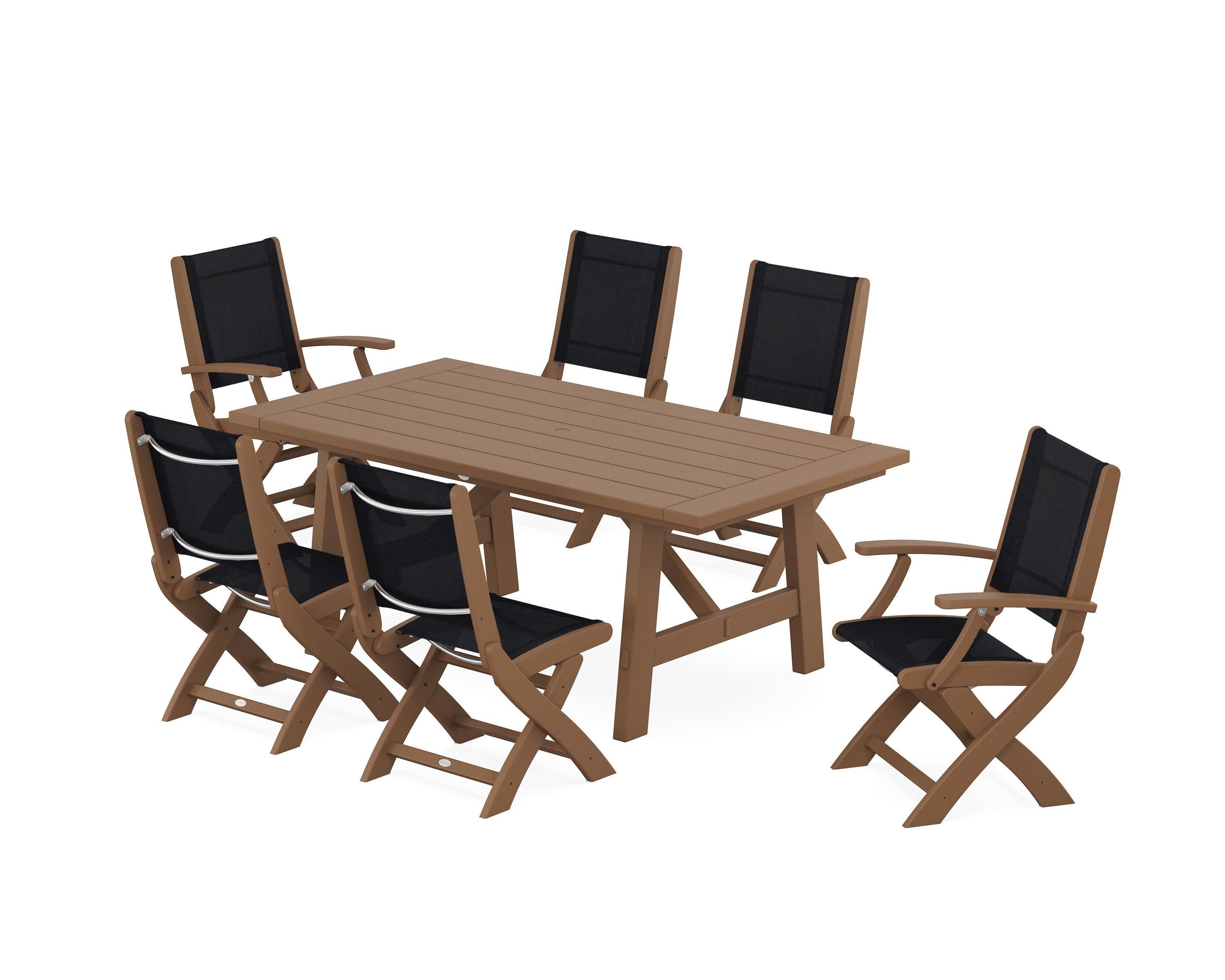 Coastal Folding Chair 7-Piece Rustic Farmhouse Dining Set in Teak / Black Sling