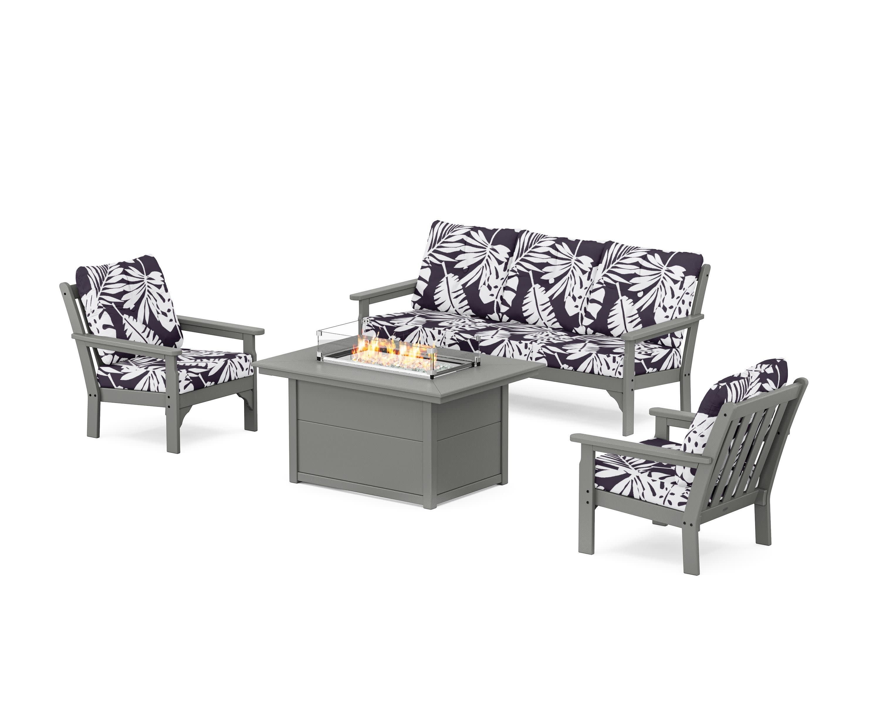 Vineyard Deep Seating Fire Pit Table Set in Slate Grey / Leaf Navy