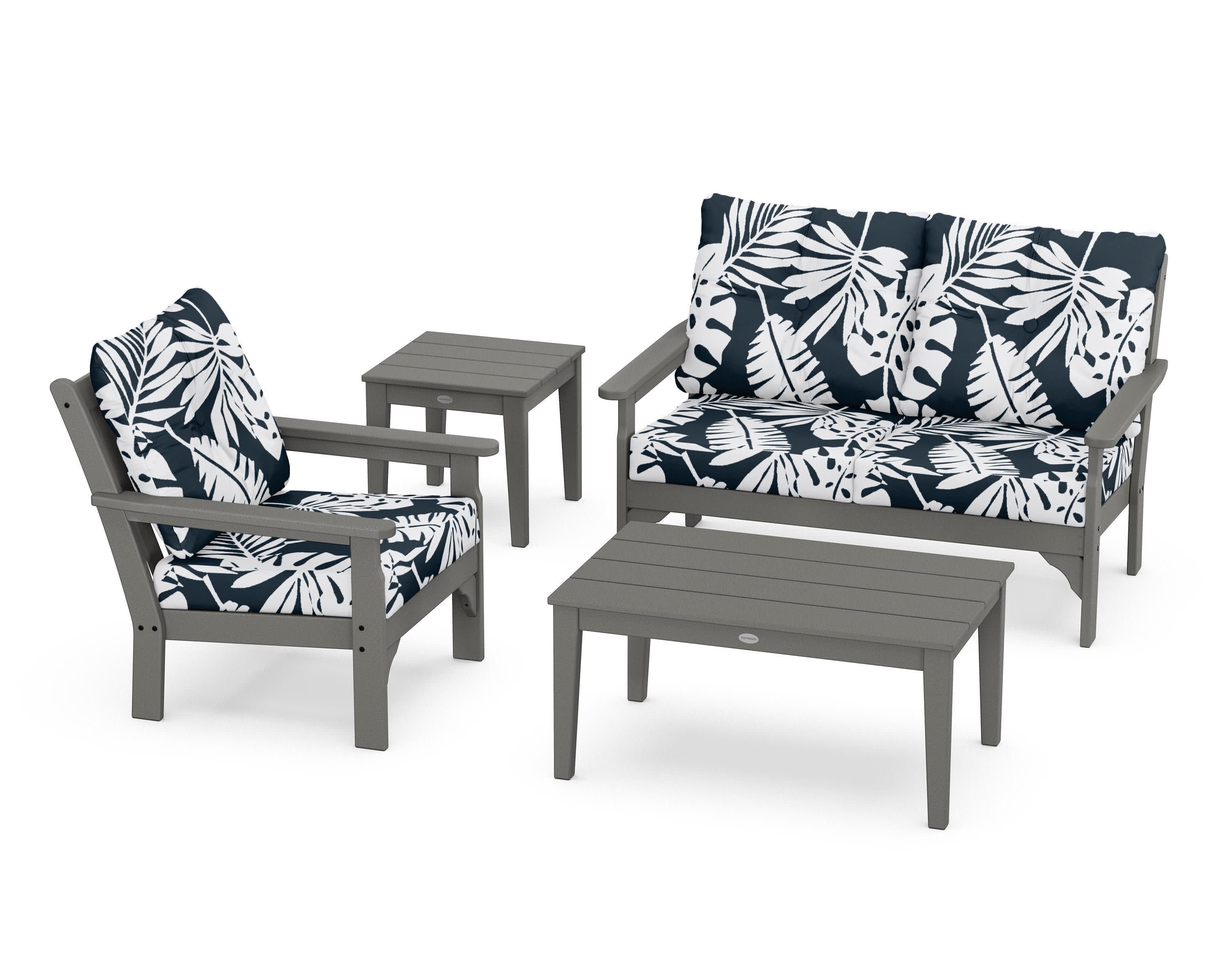 Vineyard 4-Piece Deep Seating Set in Slate Grey / Leaf Marine Indigo