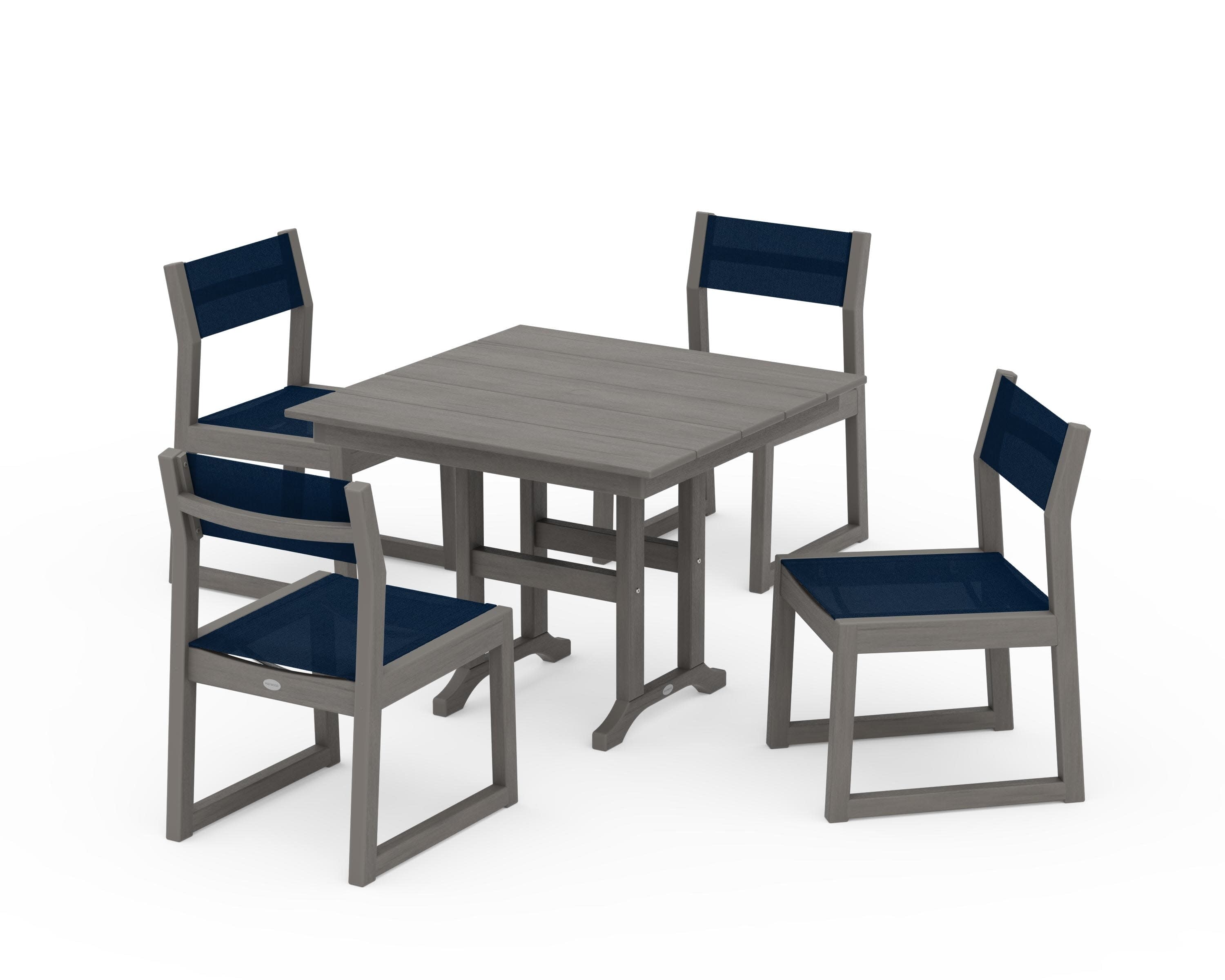 EDGE Sling Side Chair 5-Piece Farmhouse Dining Set in Driftwood / Navy Blue Sling
