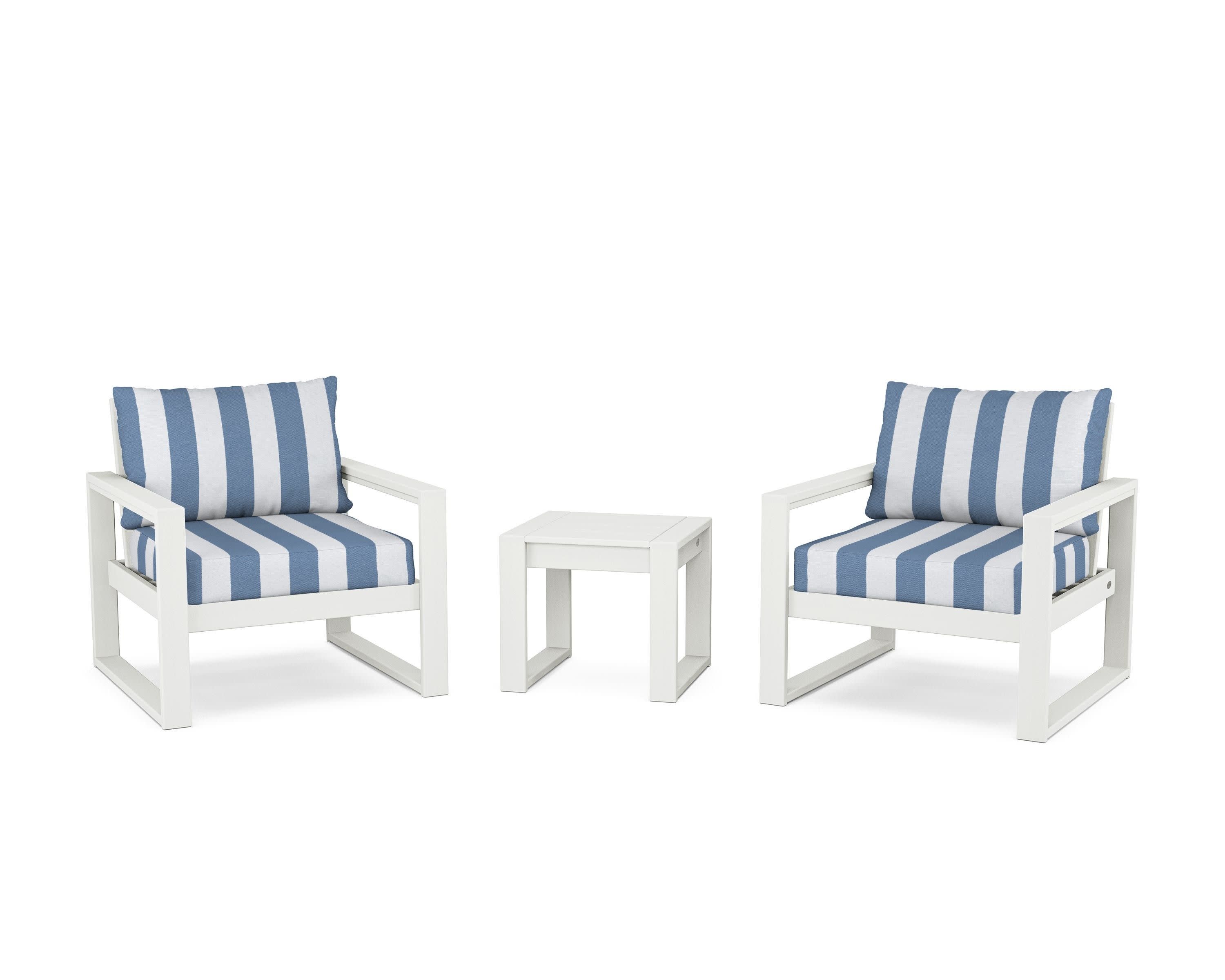 EDGE Sectional 3-Piece Deep Seating Set in Vintage White / Cabana Stripe Sky Blue