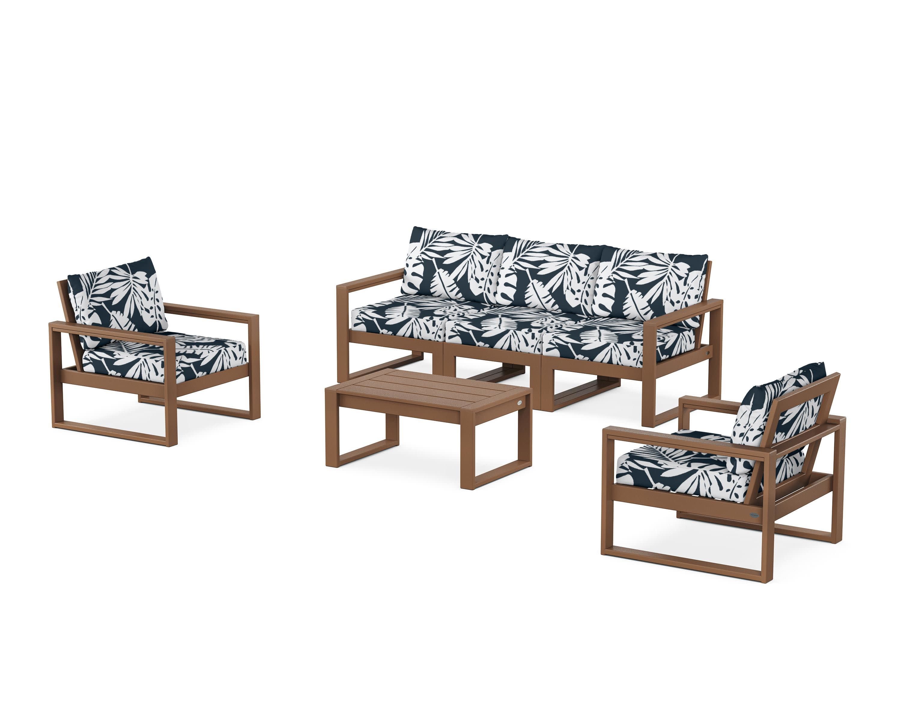 EDGE Sectional 4-Piece Deep Seating Set with Sofa in Teak / Leaf Marine Indigo