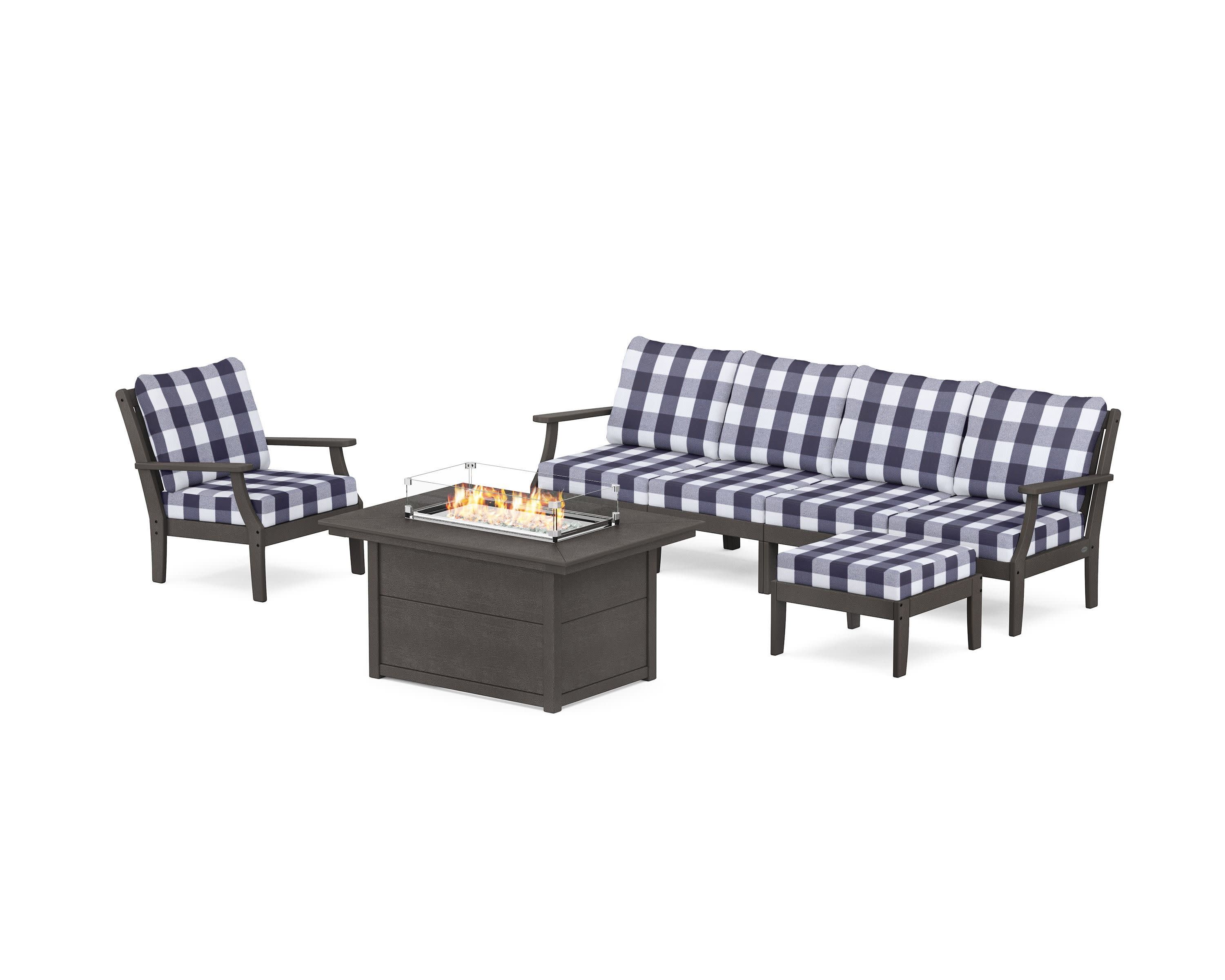 Braxton Sectional Lounge and Fire Pit Set in Vintage Coffee / Buffalo Plaid Navy