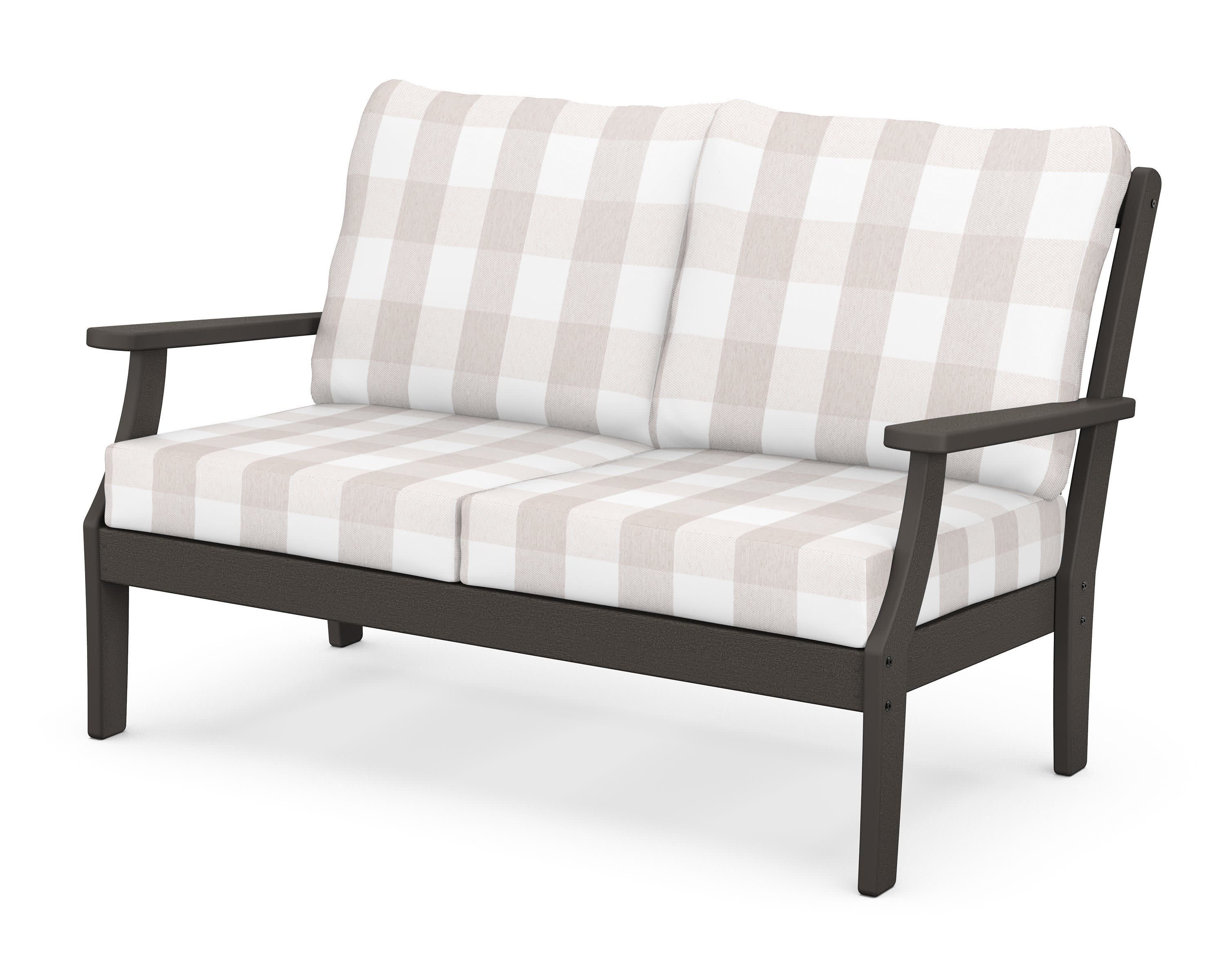 Braxton Deep Seating Loveseat in Vintage Coffee / Buffalo Plaid Dune Burlap