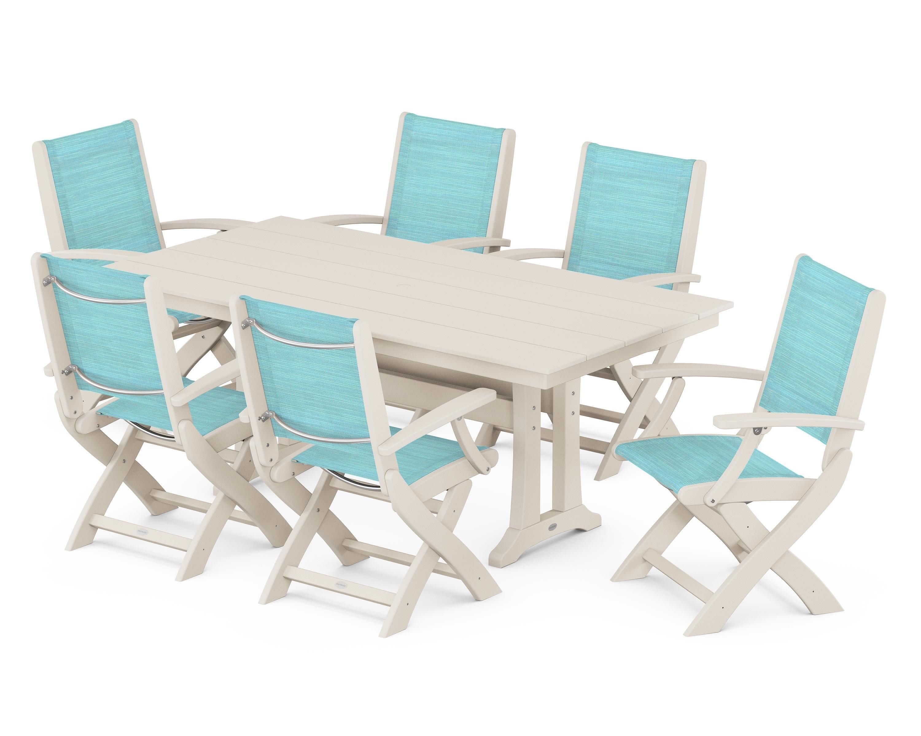 Coastal Folding Arm Chair 7-Piece Farmhouse Dining Set with Trestle Legs in Sand / Dupioni Aquamarine Sling