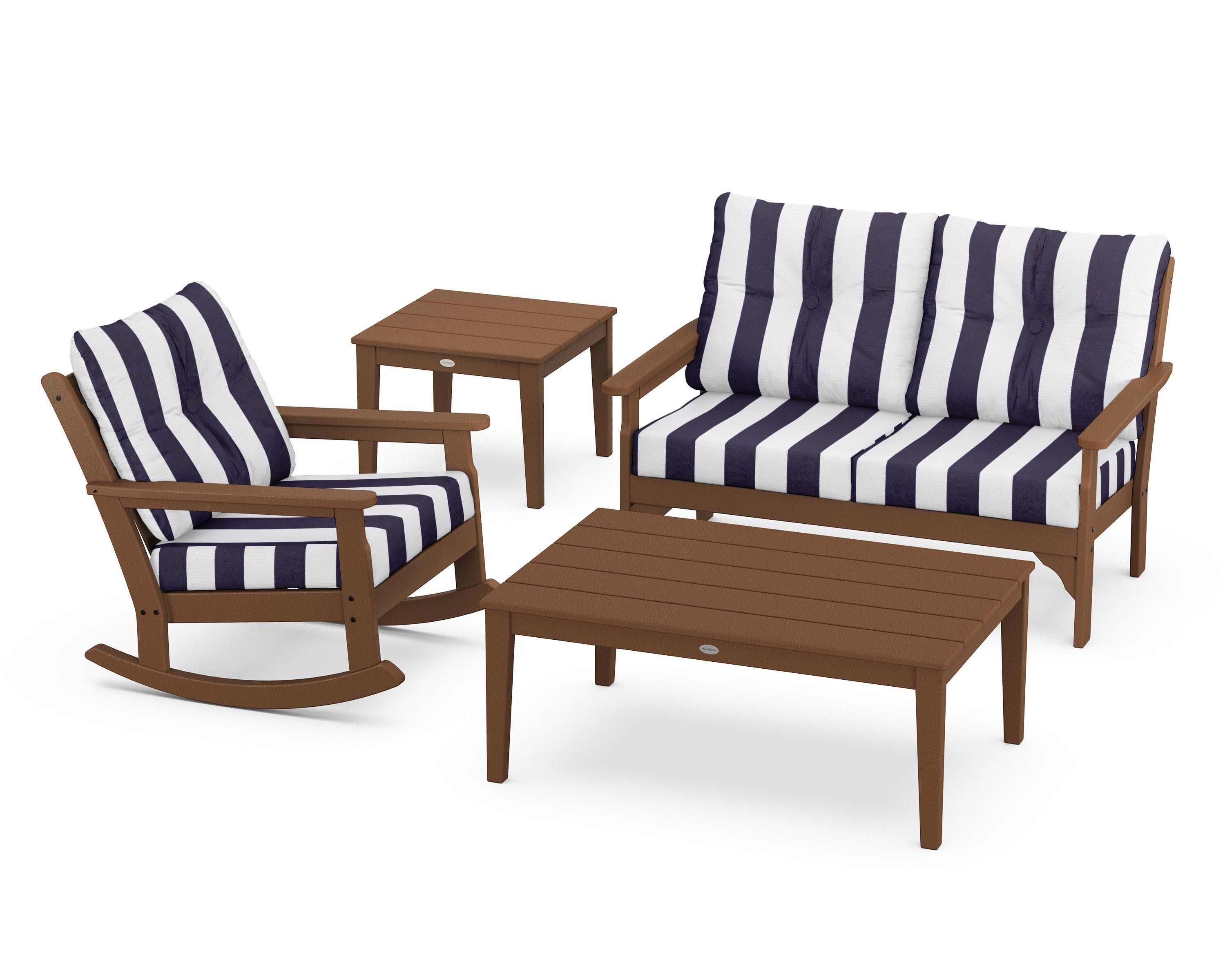 Vineyard 4-Piece Deep Seating Rocker Set in Teak / Cabana Stripe Navy