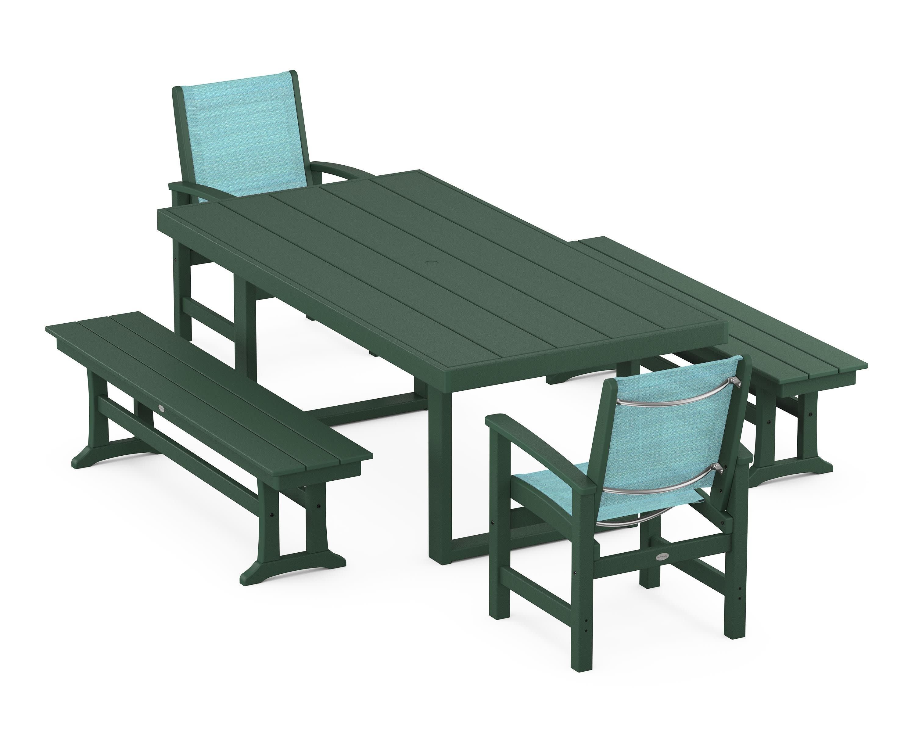 Coastal 5-Piece Dining Set with Trestle Legs in Green / Dupioni Aquamarine Sling